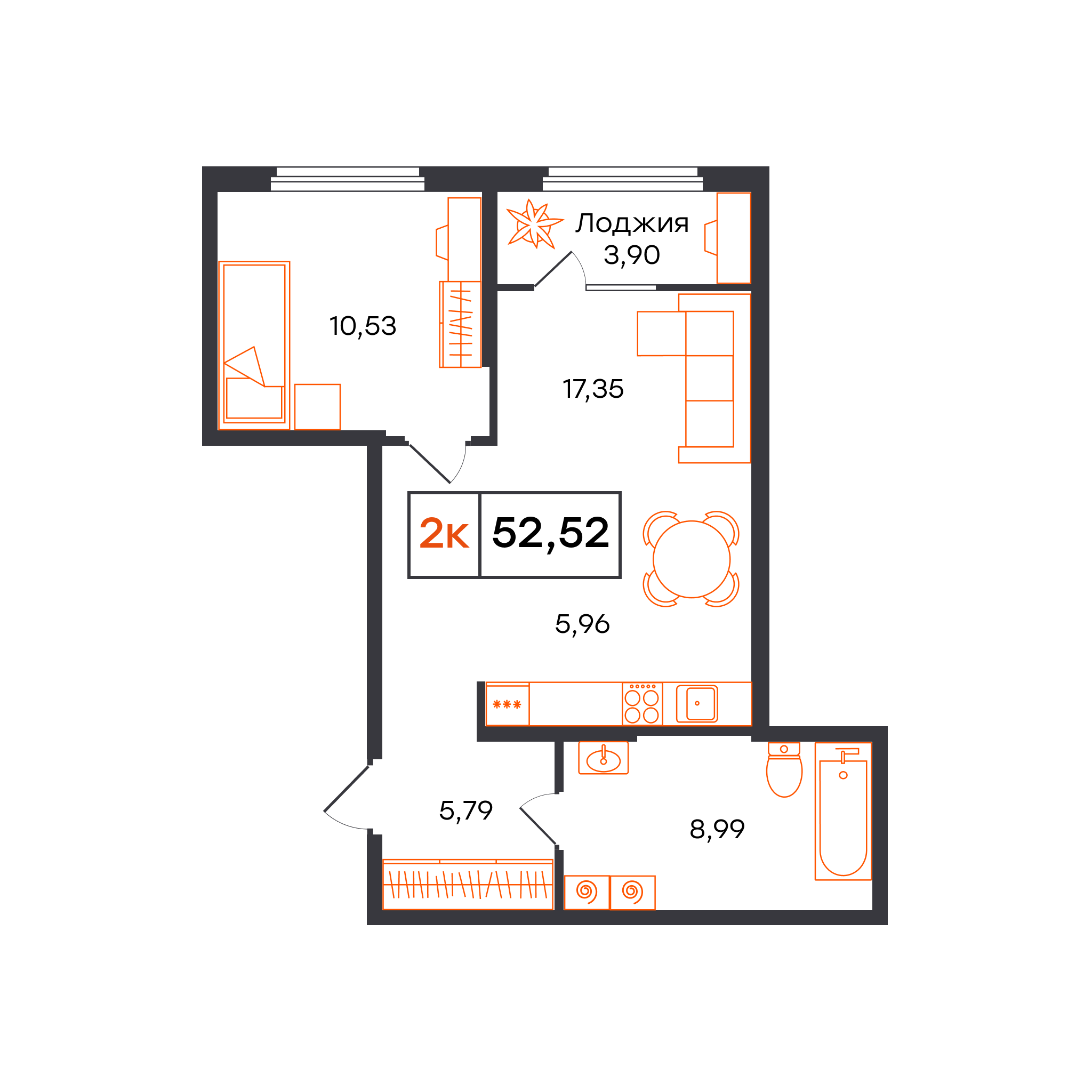 Планировка: Евродвушка 52.5 м² в ЖК Отличие, Комарово Парк