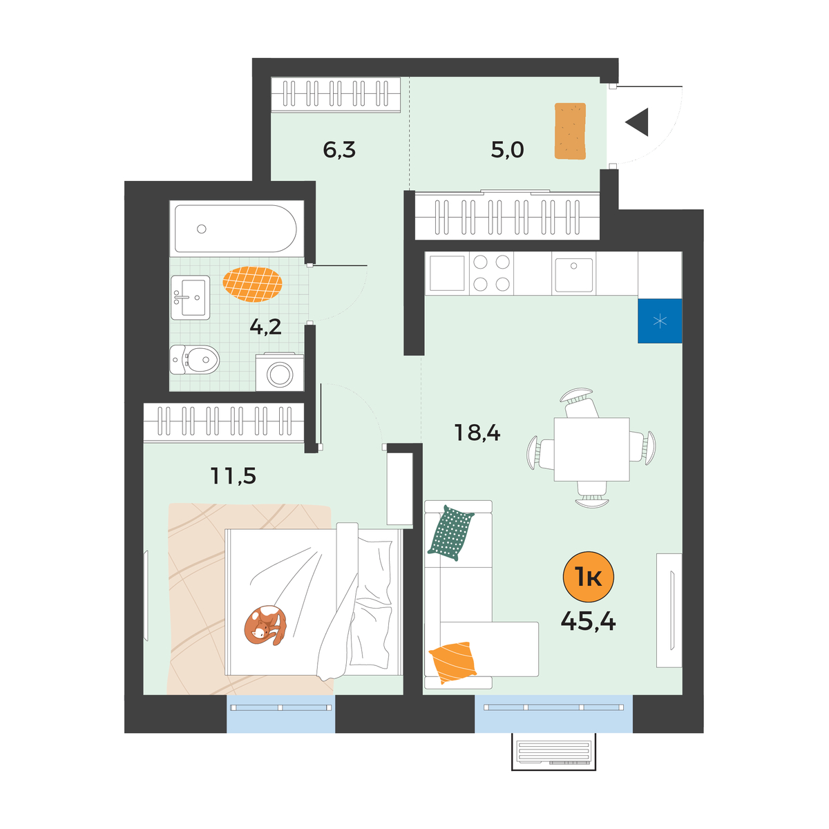 Планировка: Евродвушка 45.4 м² в ЖК Корней, Южный