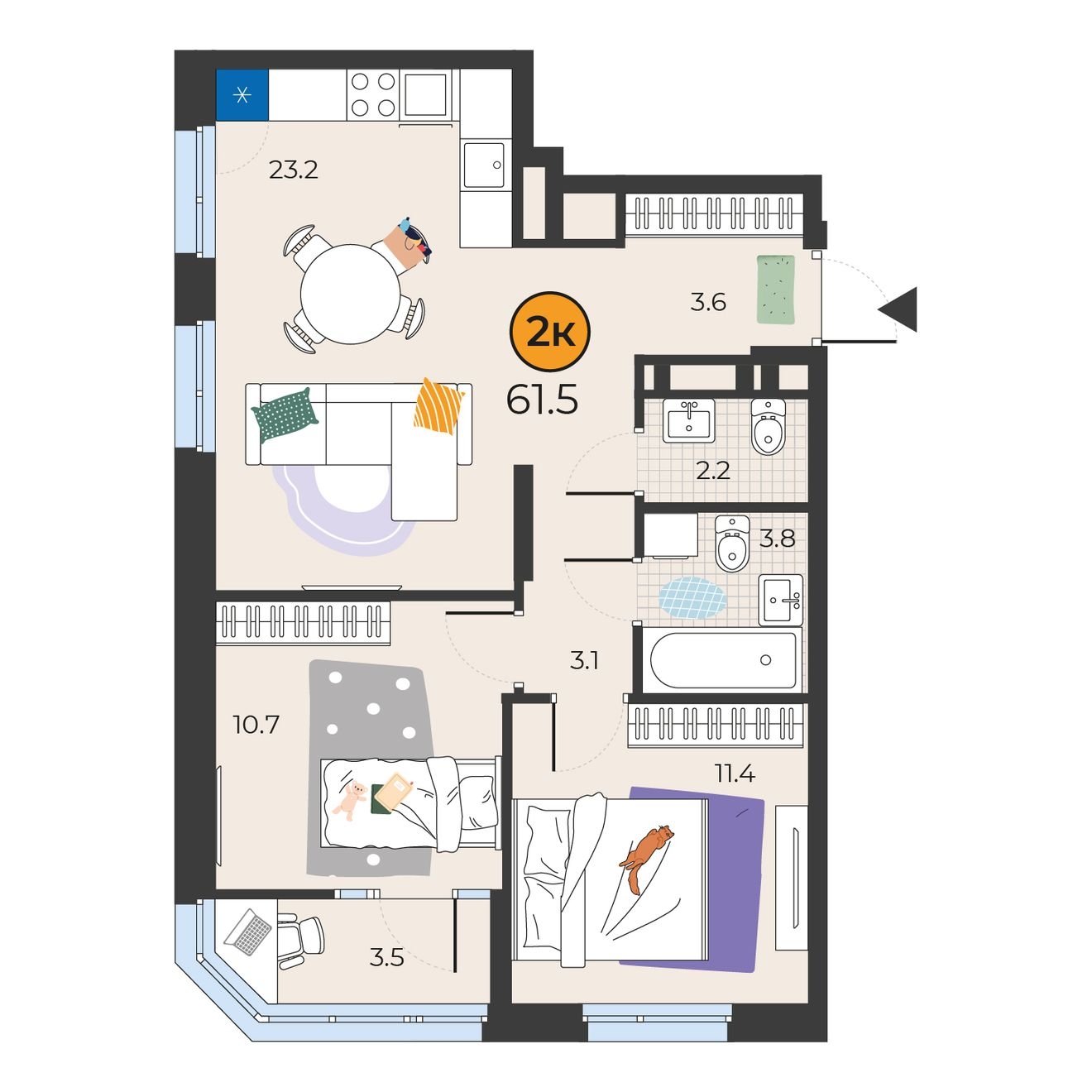 Планировка: Евротрешка 61.5 м² в ЖК Корней, Южный