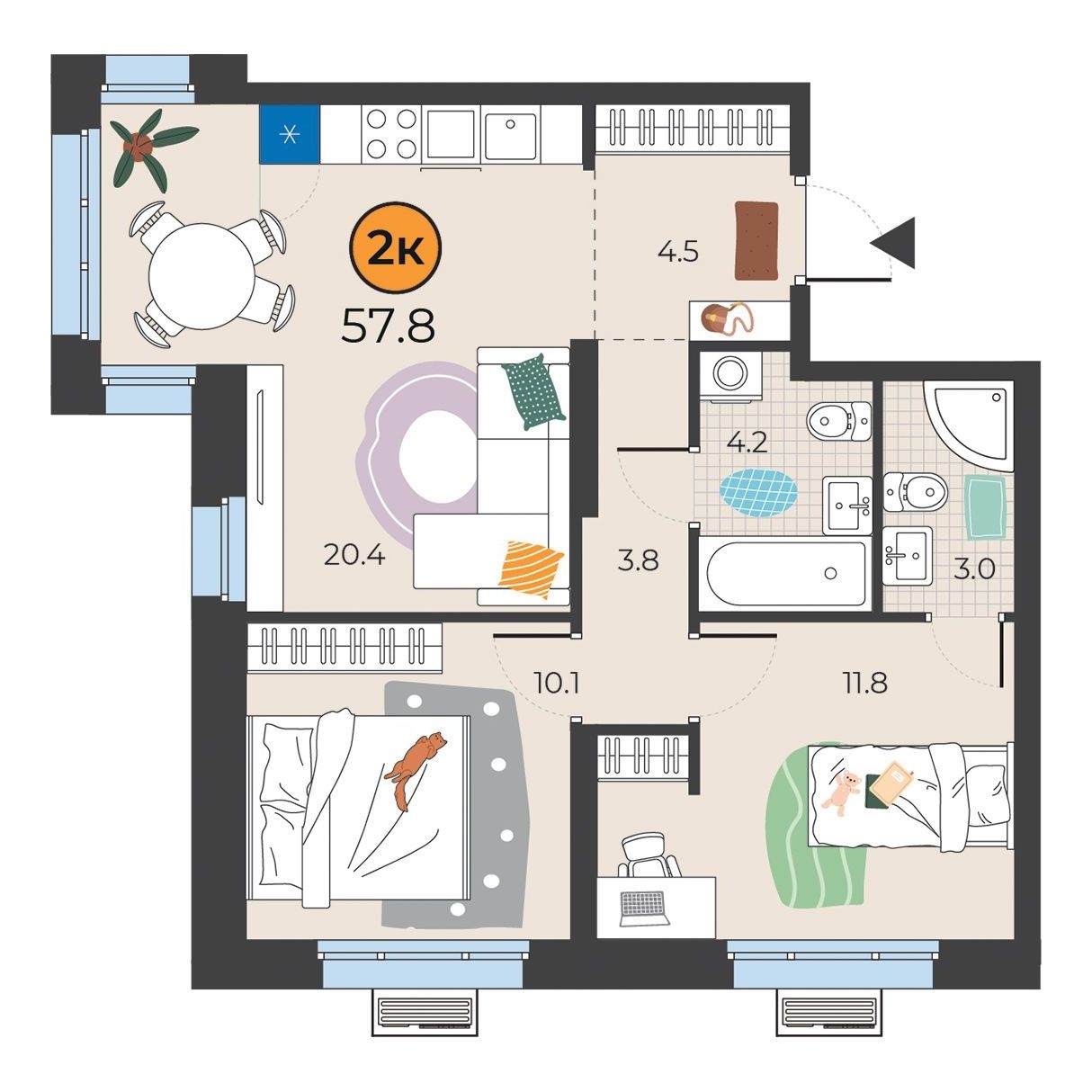 Планировка: Евротрешка 57.8 м² в ЖК Корней, Южный
