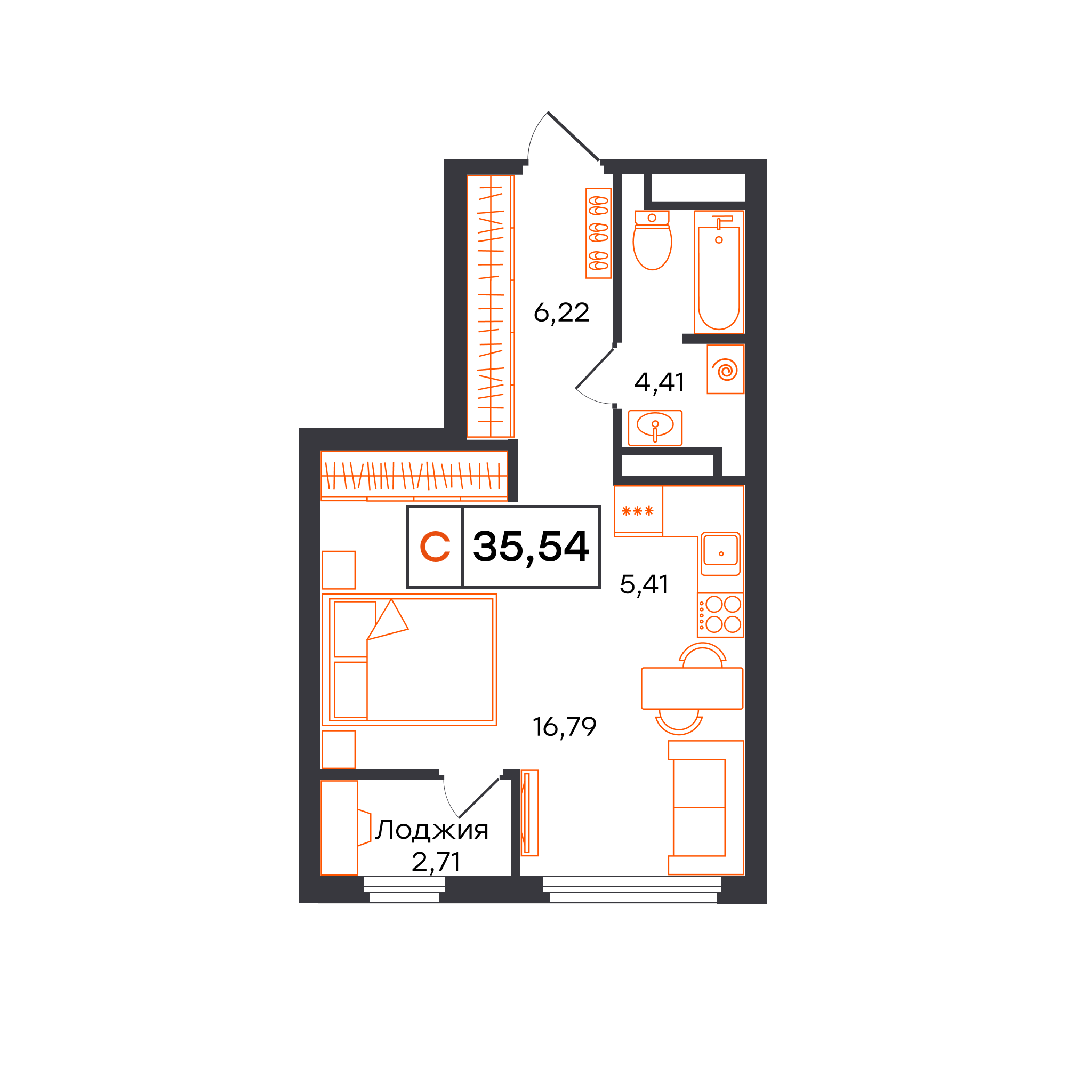 Планировка: Студия 35.5 м² в ЖК Отличие, Комарово Парк
