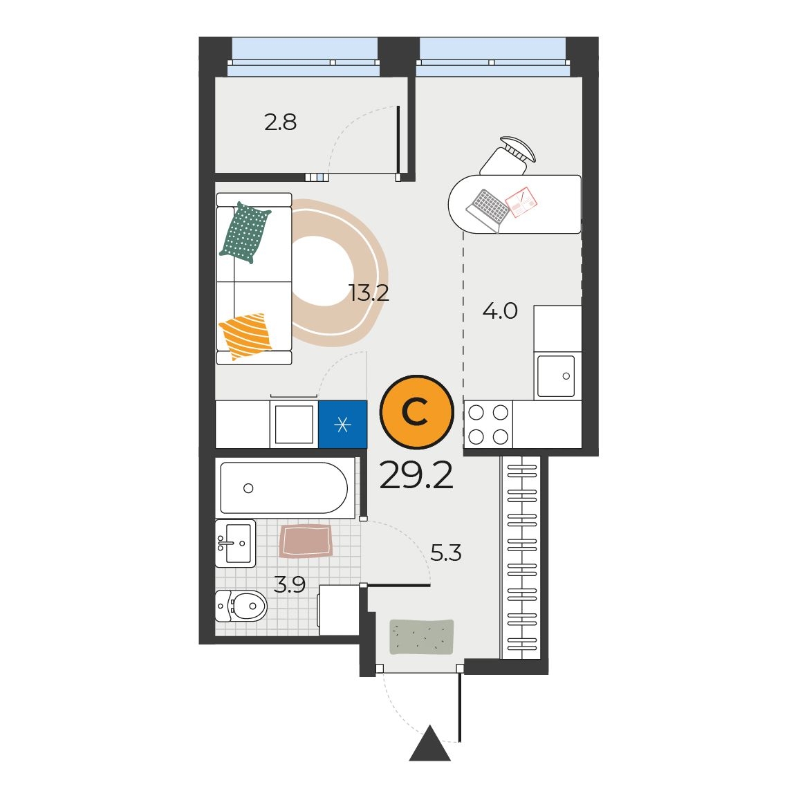 Планировка: Студия 29.2 м² в ЖК Корней, Южный