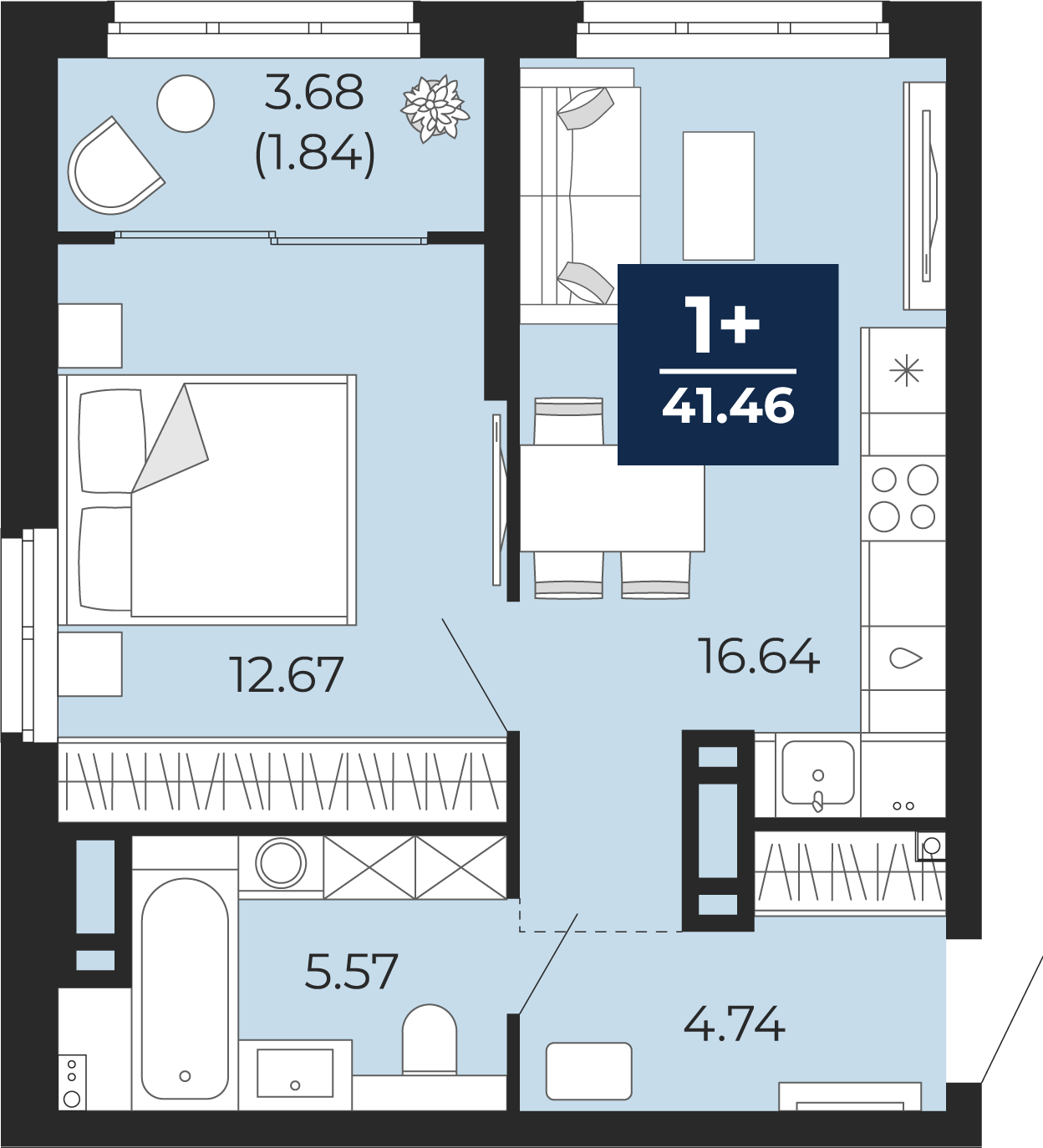 Планировка: Евродвушка 39.6 м² в ЖК Беринг, Лесобаза