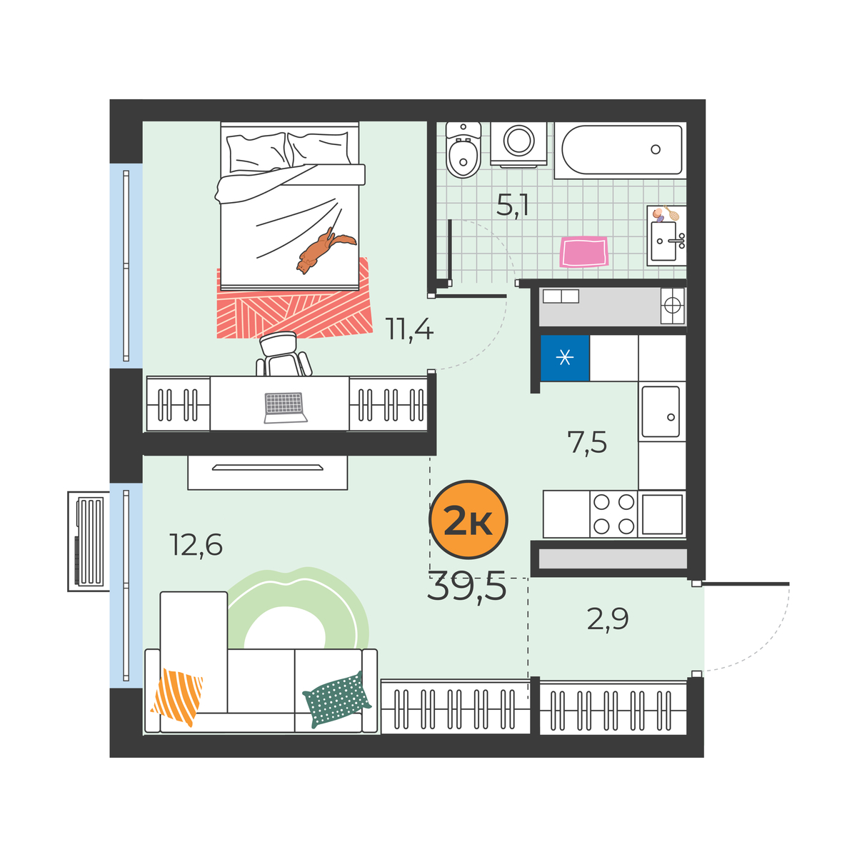 Планировка: Евродвушка 39.5 м² в ЖК Корней, Южный