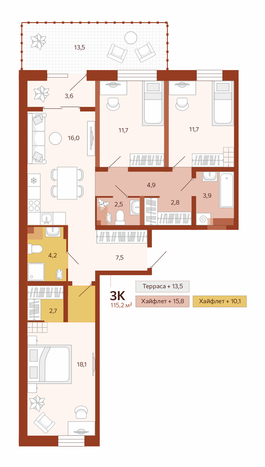 Планировка: 4-комнатная евро 89.3 м² в ЖК Новатор, Центр: КПД