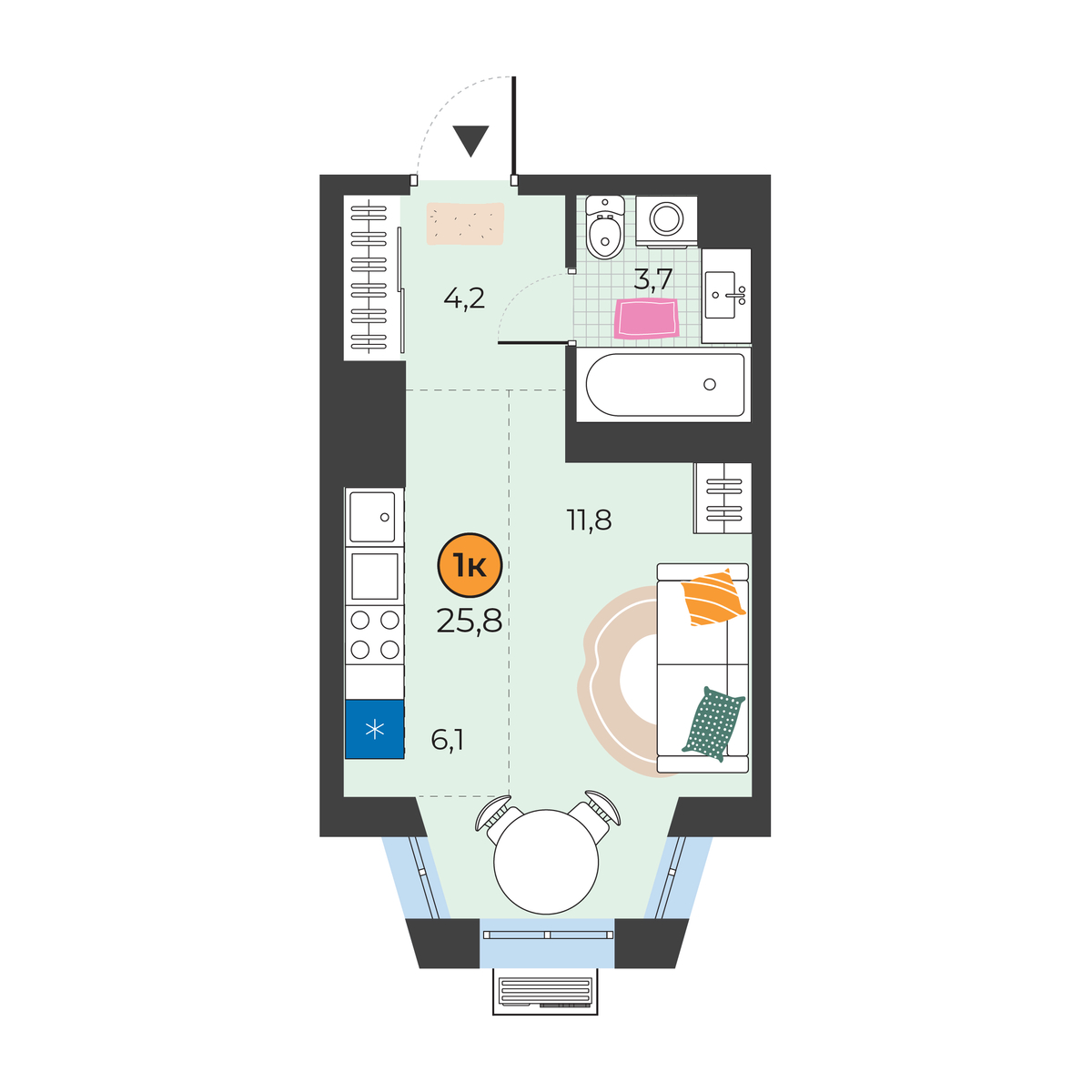 Планировка: Студия 25.8 м² в ЖК Корней, Южный
