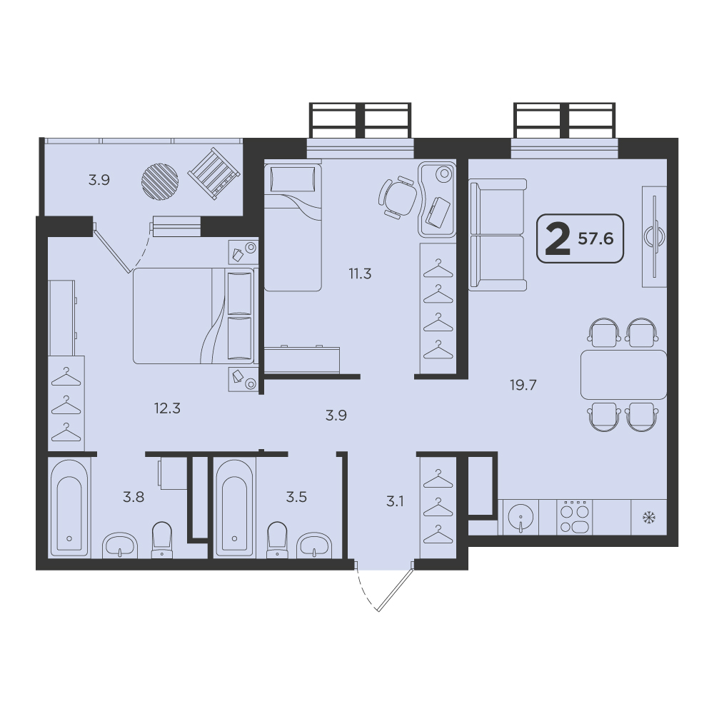 Планировка: Евротрешка 57.6 м² в ЖК Симфония, Центр: Студгородок