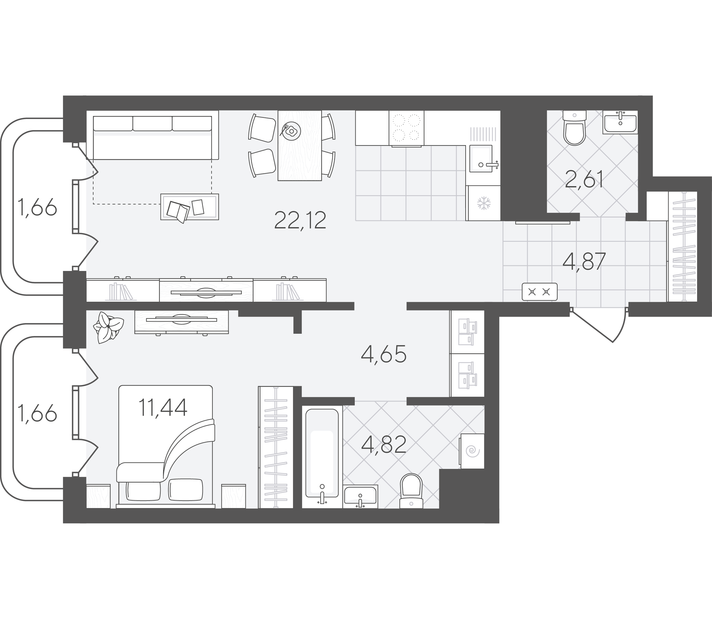 Планировка: Евродвушка 53.8 м² в ЖК Скандиа. Квартал в Слободе, Тюменская слобода