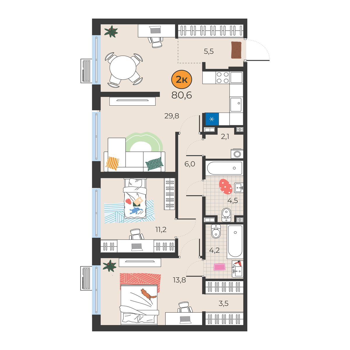 Планировка: Евротрешка 80.6 м² в ЖК Корней, Южный