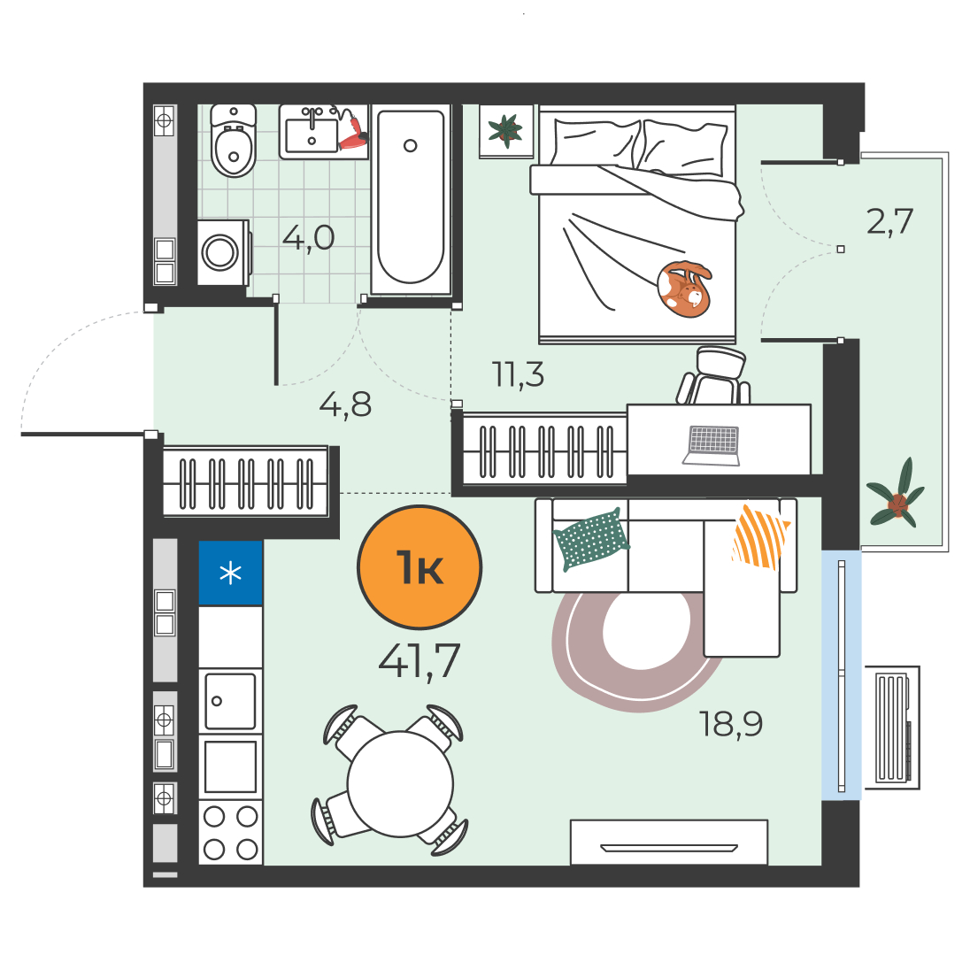 Планировка: Евродвушка 39 м² в ЖК Корней, Южный