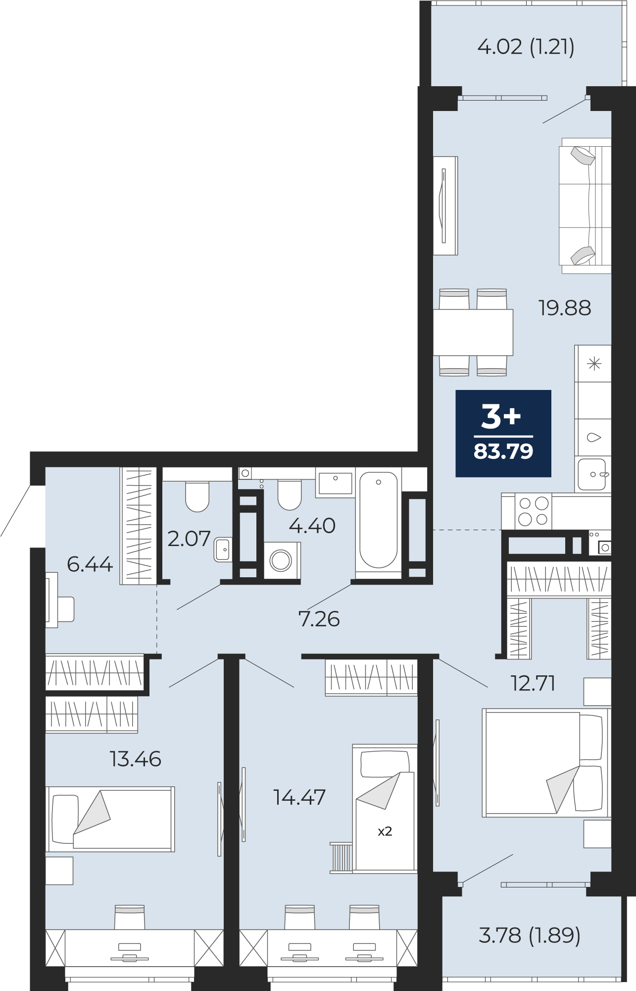 Планировка: 4-комнатная евро 80.7 м² в ЖК Прео, Тюменская слобода
