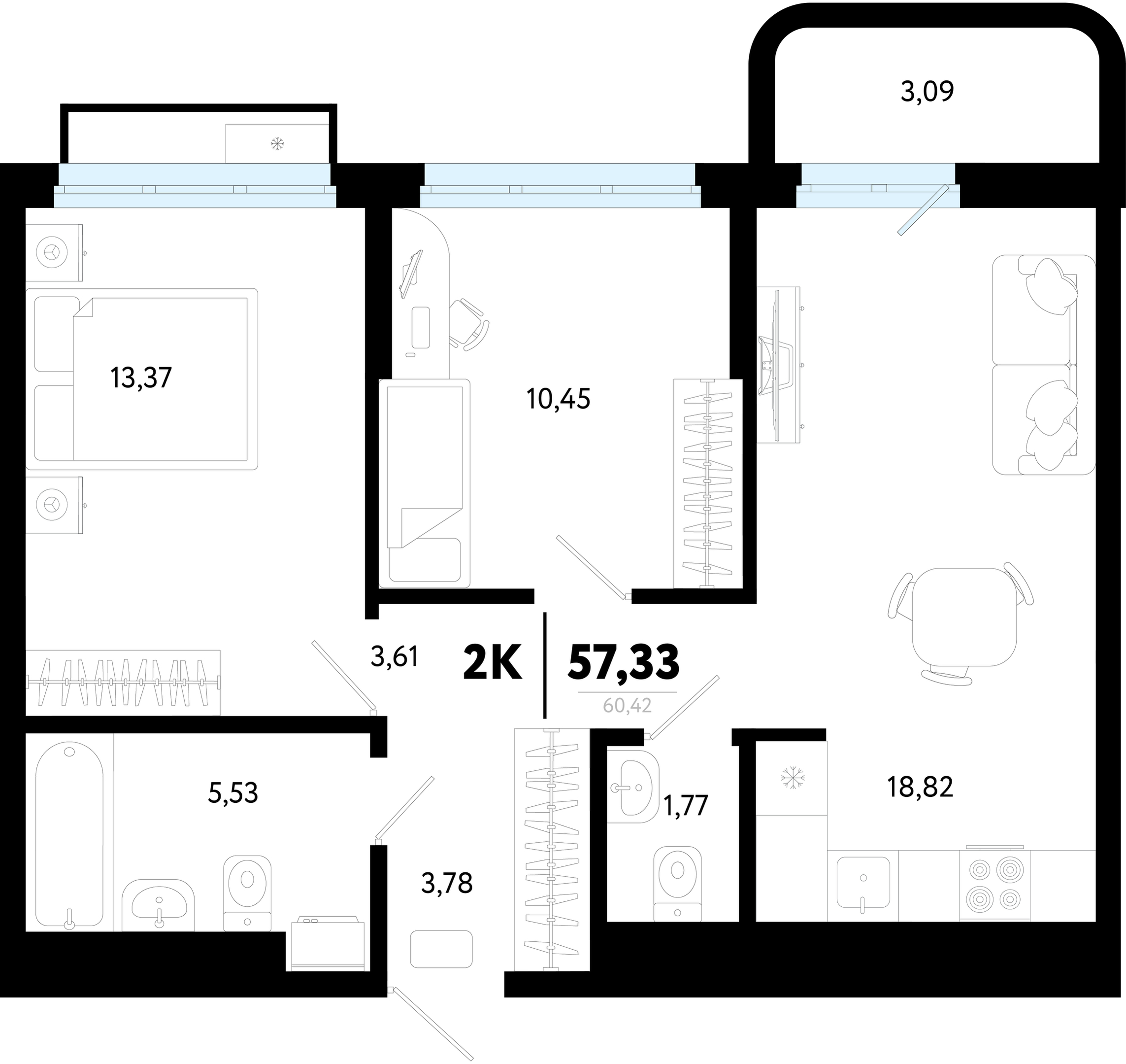 Планировка: Евротрешка 57.3 м² в ЖК Символ, Комарово Парк