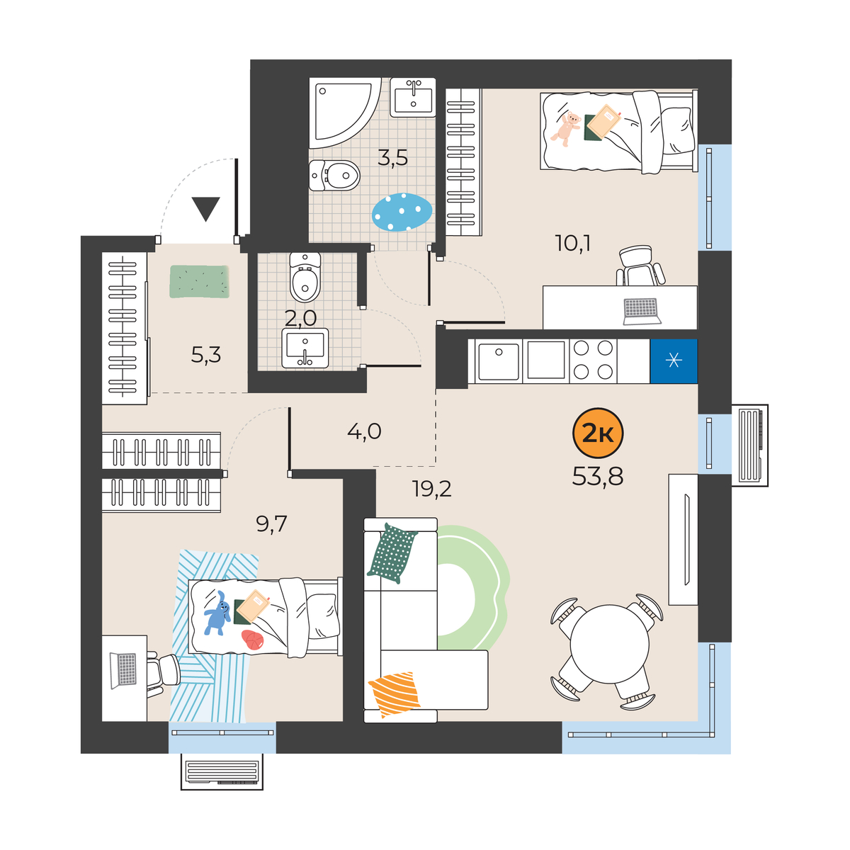 Планировка: Евротрешка 53.8 м² в ЖК Корней, Южный