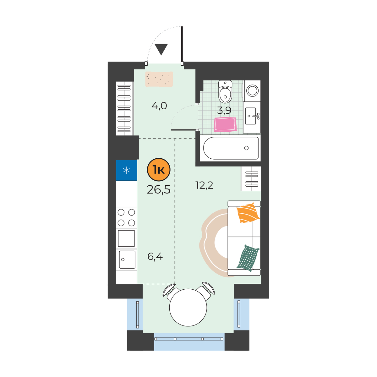 Планировка: Студия 26.5 м² в ЖК Корней, Южный