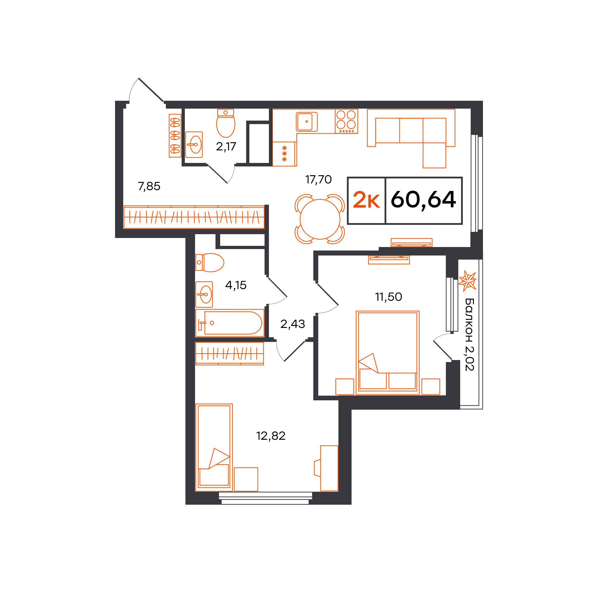 Планировка: Евротрешка 60.6 м² в ЖК Отличие, Комарово Парк