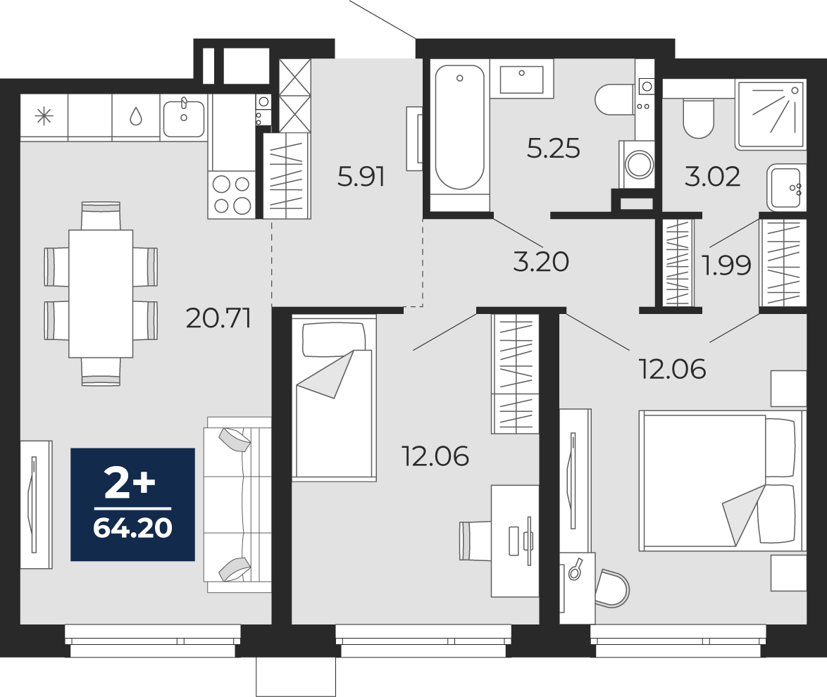 Планировка: Евротрешка 64.2 м² в ЖК Прео, Тюменская слобода