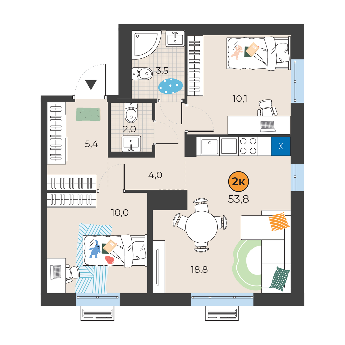 Планировка: Евротрешка 53.8 м² в ЖК Корней, Южный