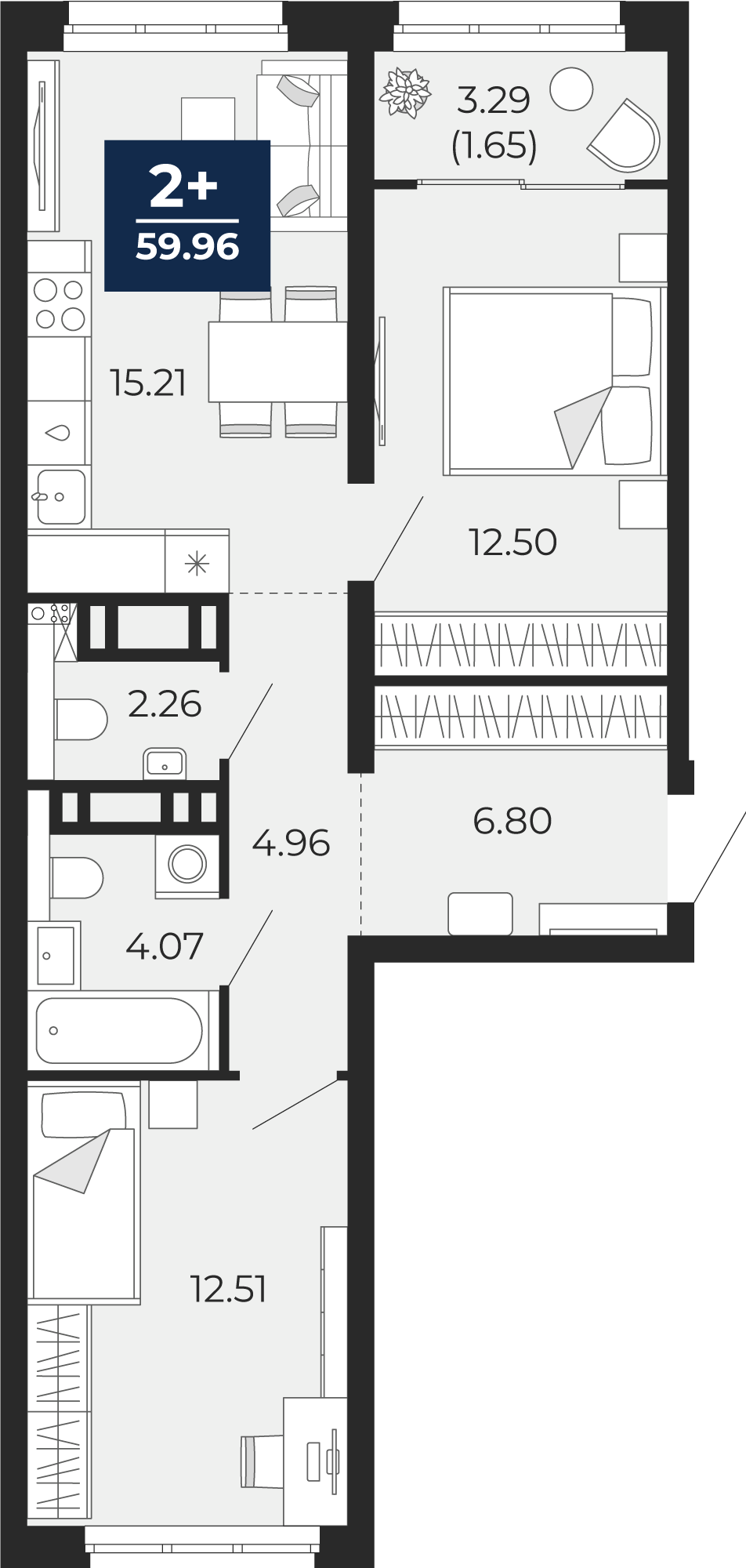 Планировка: Евротрешка 58.3 м² в ЖК Беринг, Лесобаза