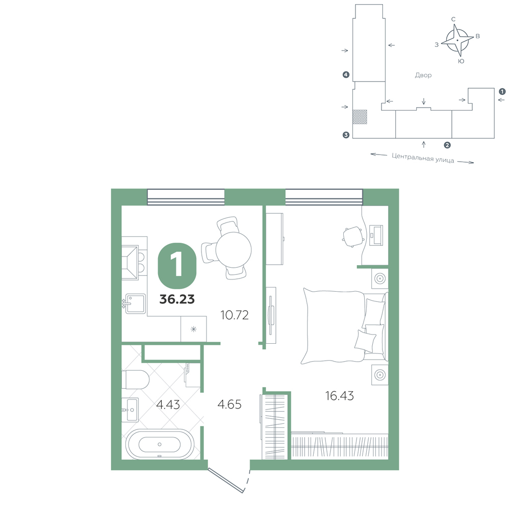 Планировка: 1-комнатная 36.2 м² в ЖК Крылья, Область