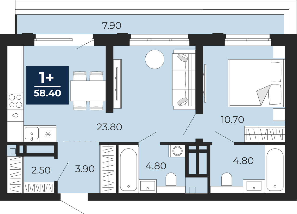 Планировка: Евродвушка 50.5 м² в ЖК Айвазовский, 5-й Заречный