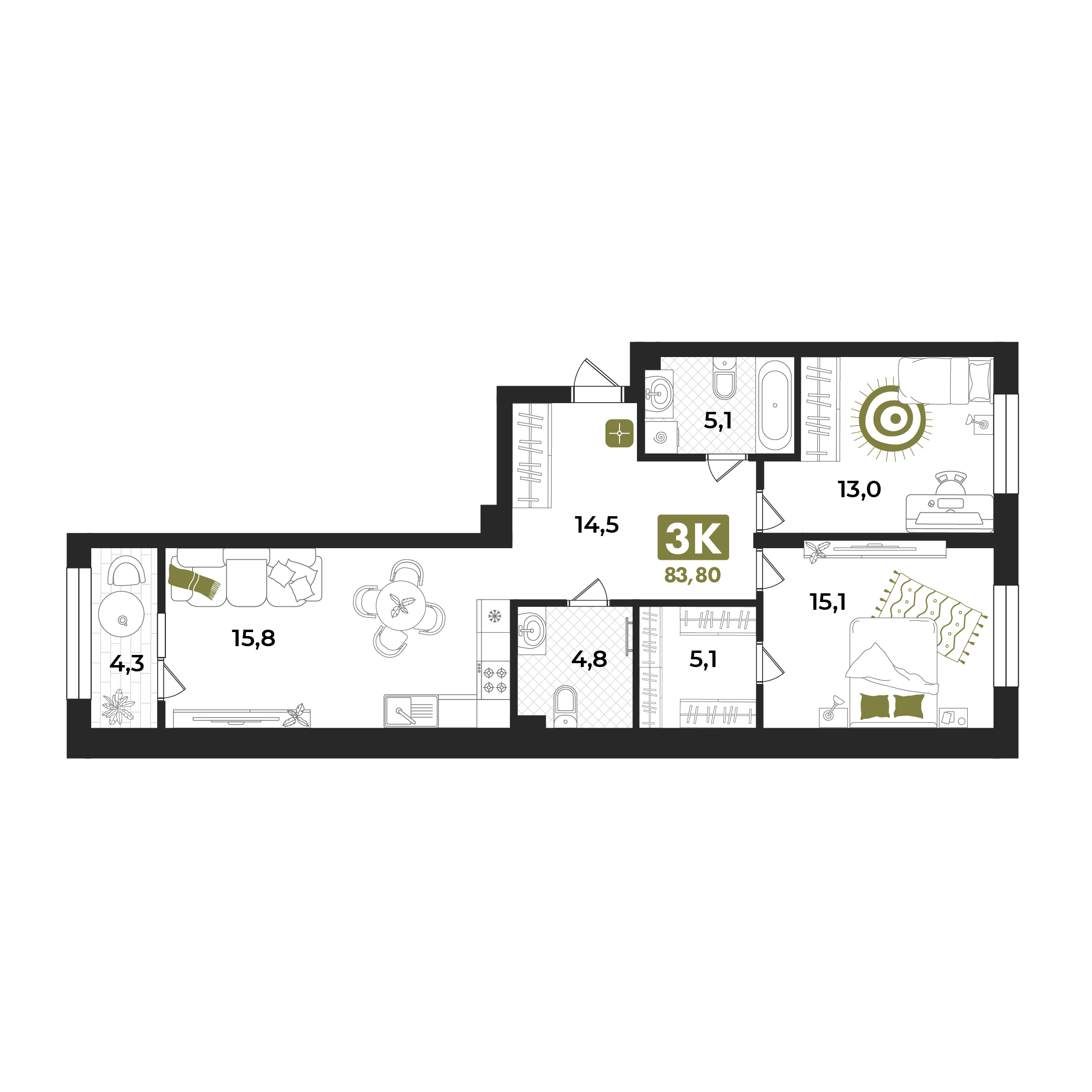 Планировка: Евротрешка 83.8 м² в ЖК Авторский проект "Опера", 5-й Заречный