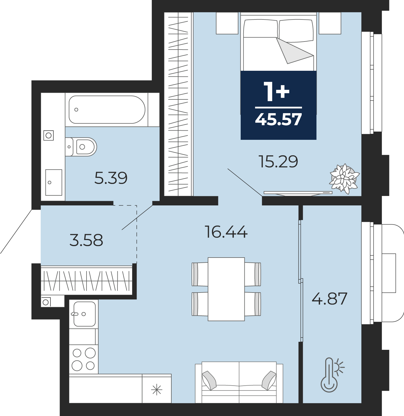 Планировка: Евродвушка 45.6 м² в ЖК Айвазовский, 5-й Заречный
