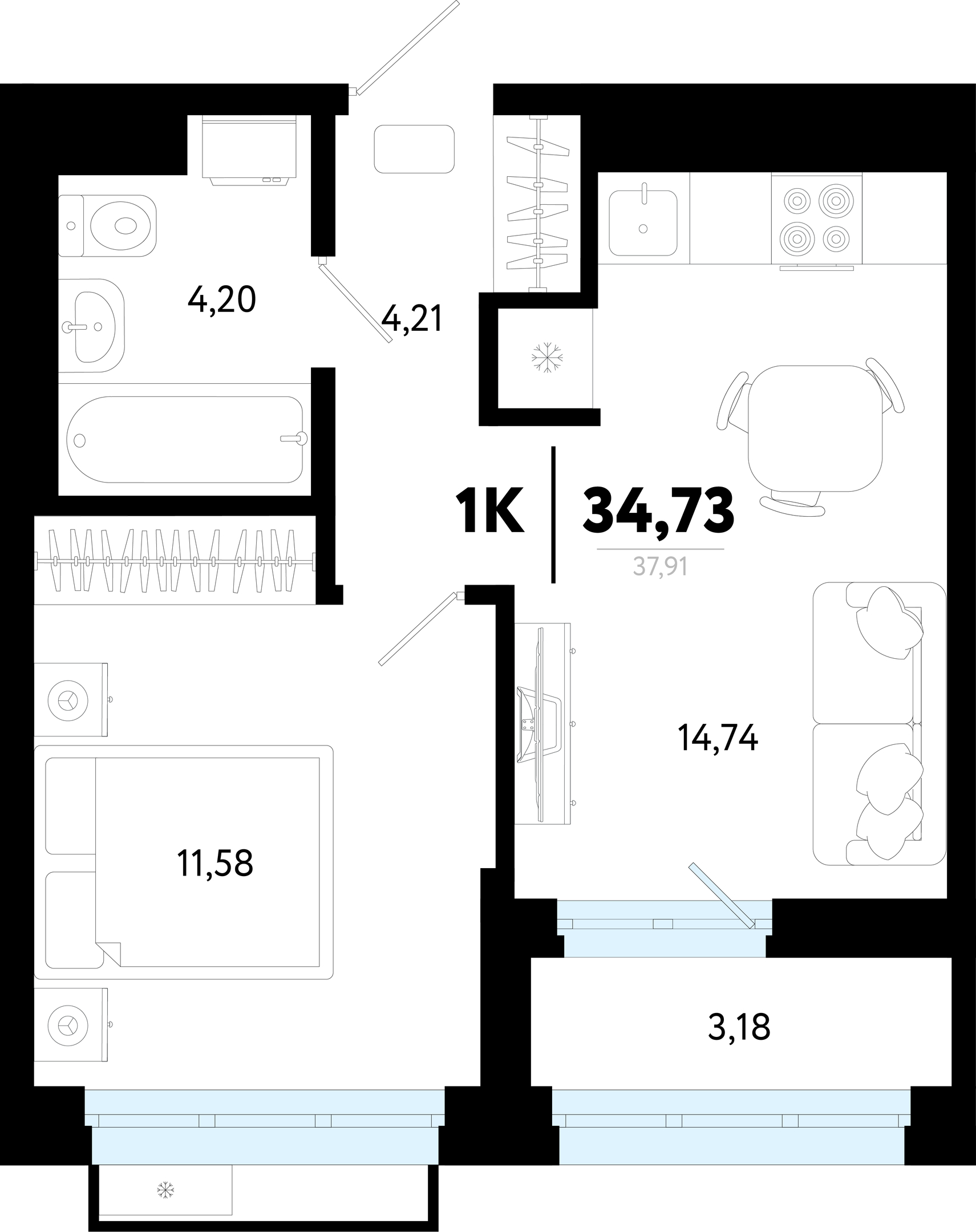 Планировка: Евродвушка 34.7 м² в ЖК Символ, Комарово Парк
