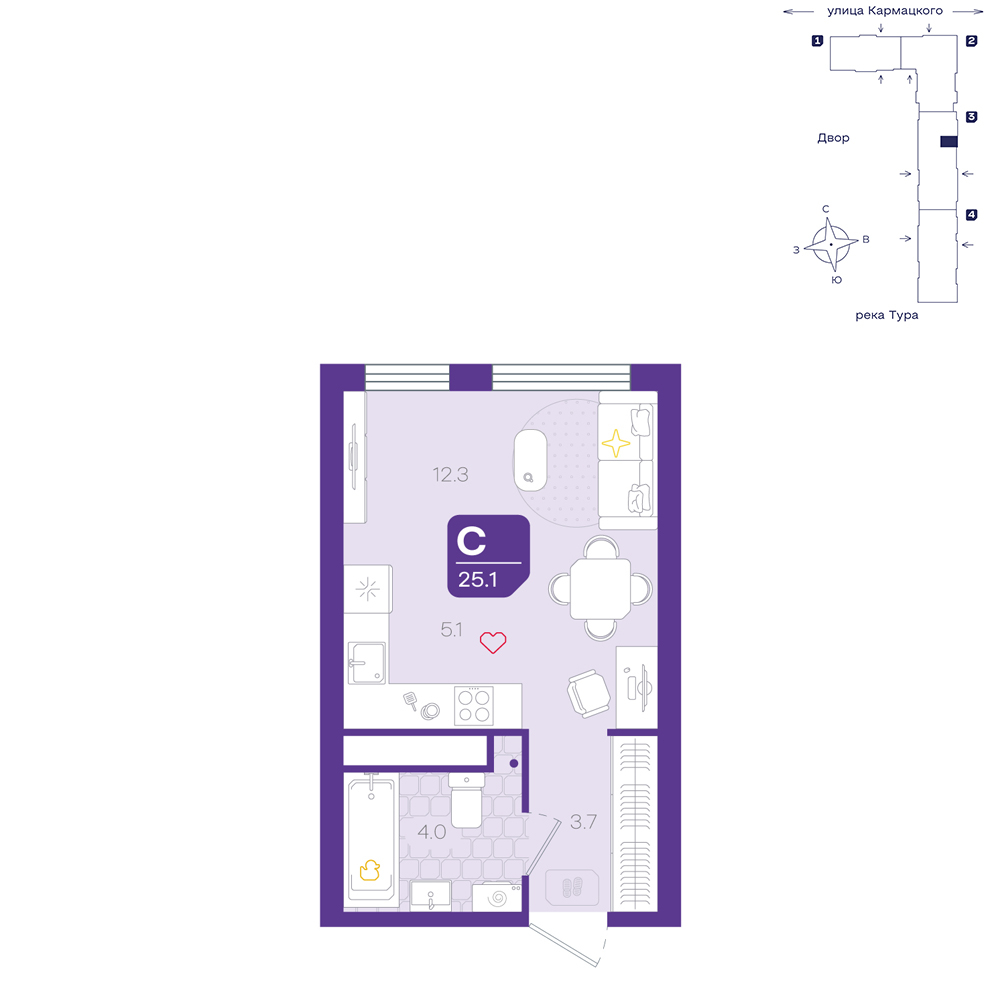 Планировка: Студия 25.1 м² в ЖК Космо, 5-й Заречный