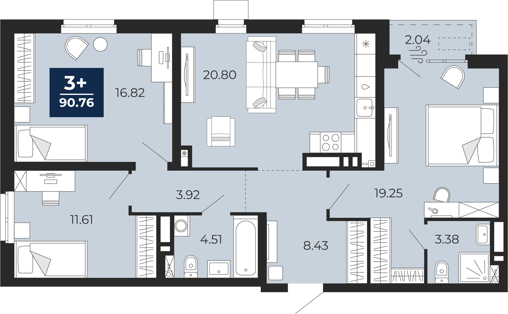 Планировка: 4-комнатная евро 88.7 м² в ЖК Мириады, Мыс
