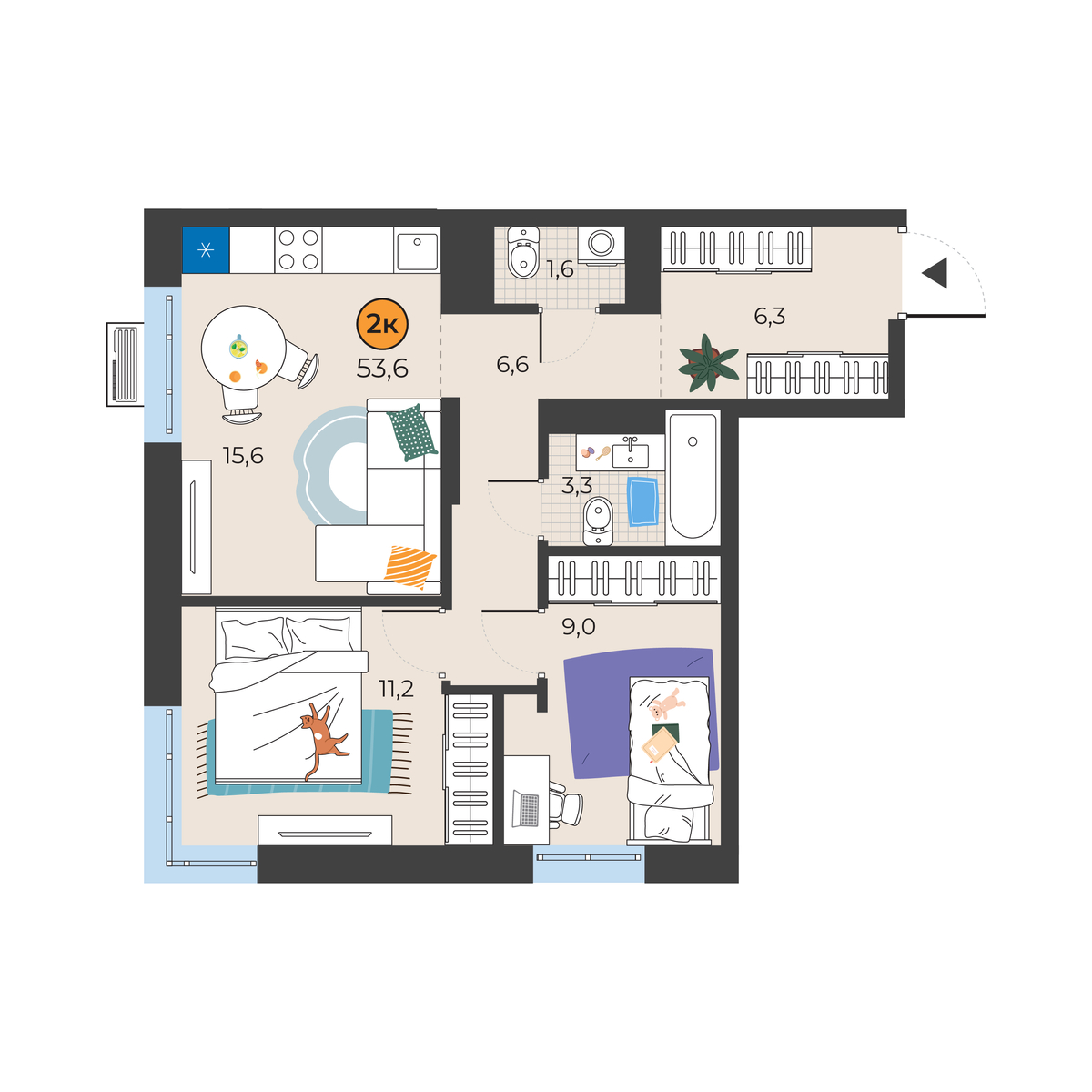 Планировка: Евротрешка 53.6 м² в ЖК Корней, Южный