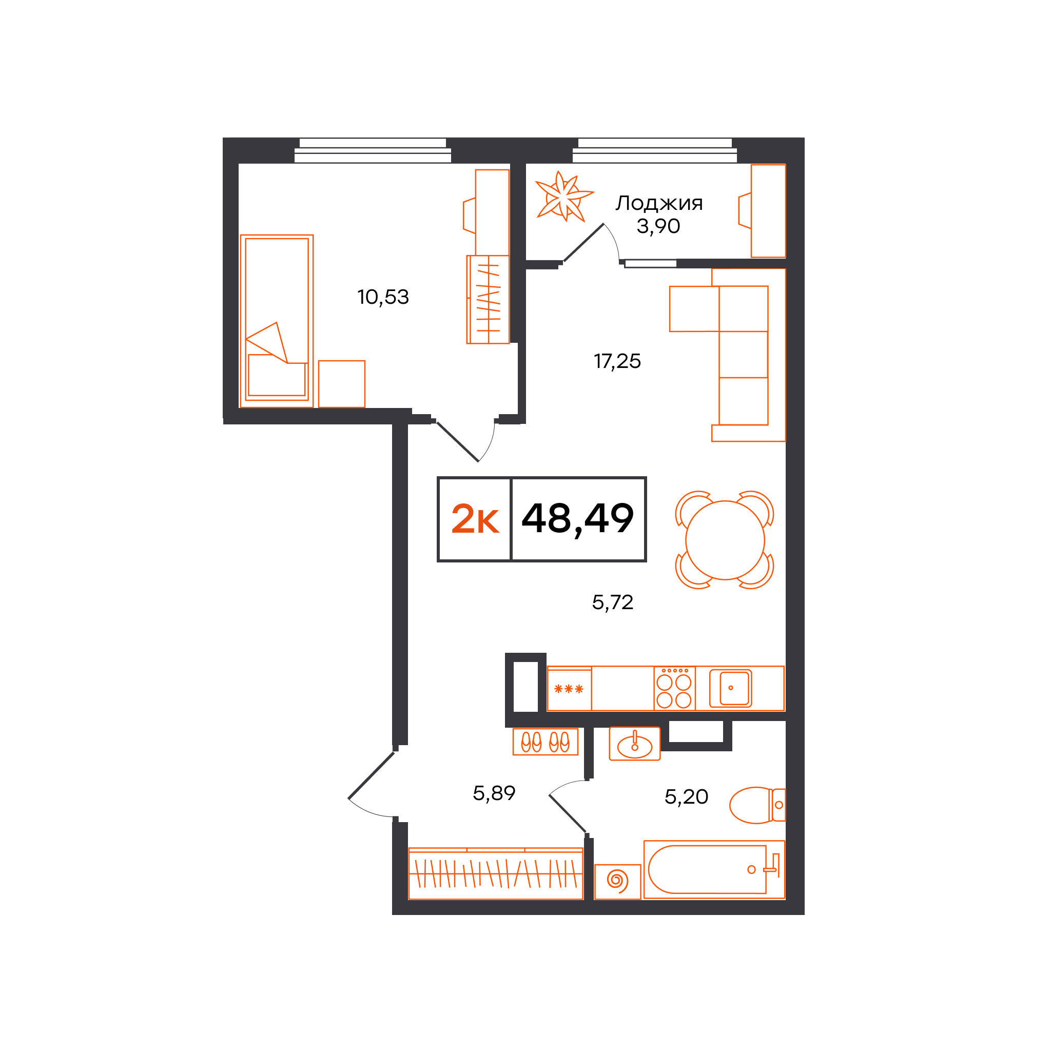 Планировка: Евродвушка 48.5 м² в ЖК Отличие, Комарово Парк