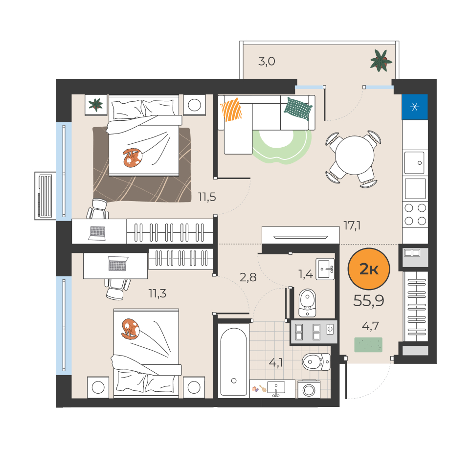 Планировка: Евротрешка 52.9 м² в ЖК Корней, Южный