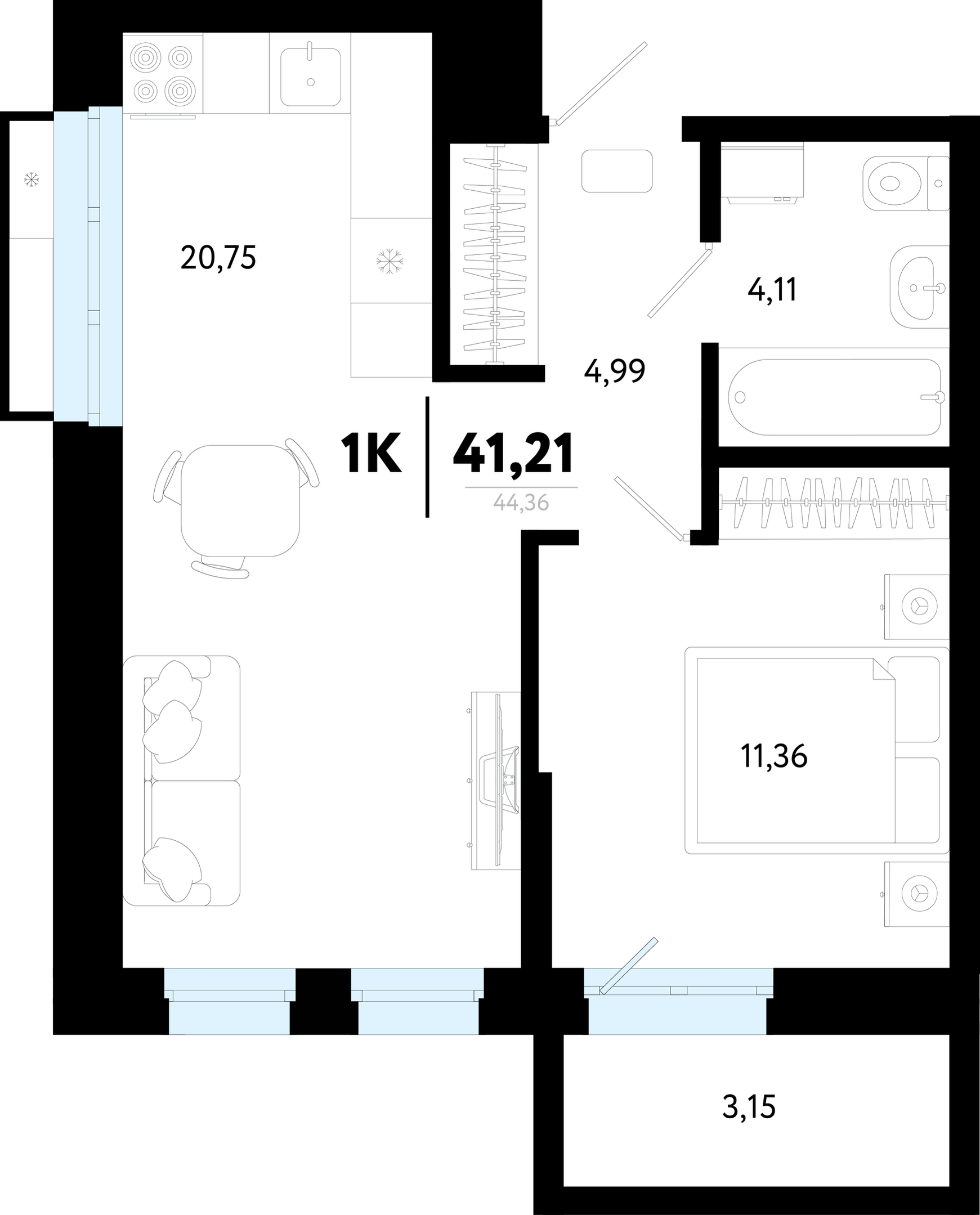 Планировка: Евродвушка 41.2 м² в ЖК Символ, Комарово Парк