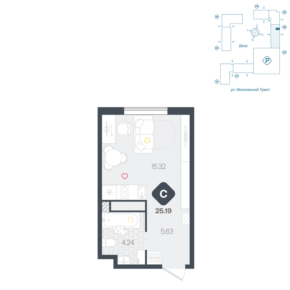 Планировка: Студия 25.2 м² в ЖК Сибирский, Московский тракт