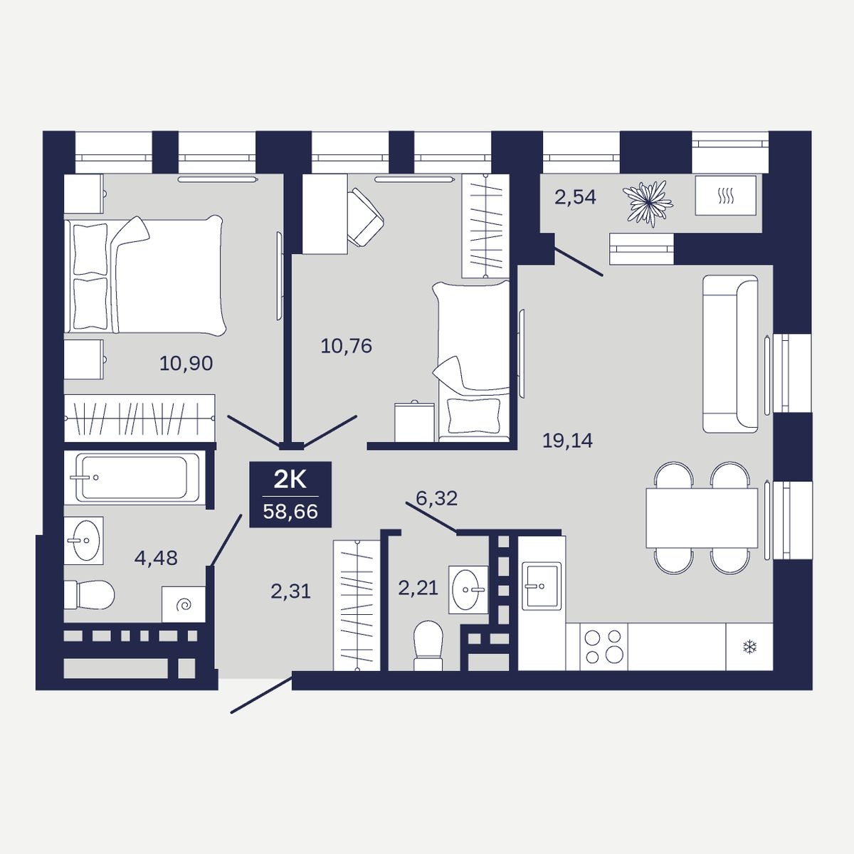 Планировка: Евротрешка 58.7 м² в ЖК Дом на Ямской, Дом Обороны