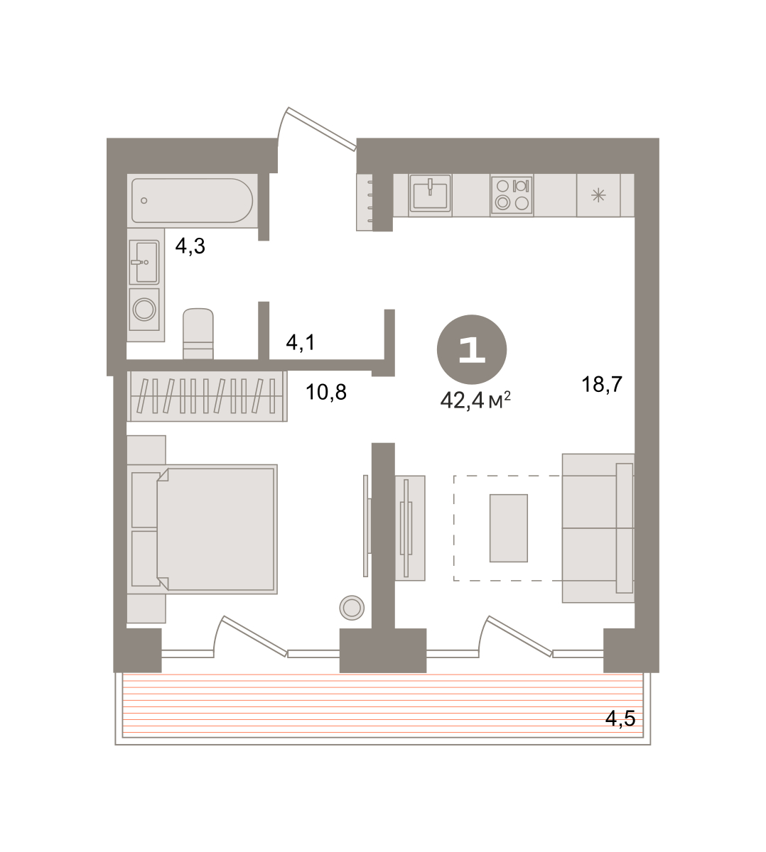 Планировка: Евродвушка 42.4 м² в ЖК Речной порт, Центр: Дом печати