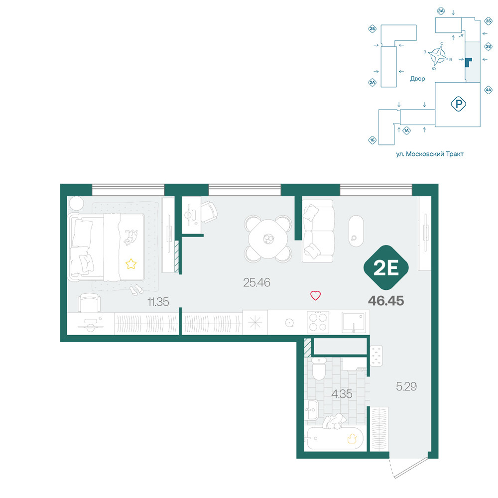Планировка: Евродвушка 46.5 м² в ЖК Сибирский, Московский тракт