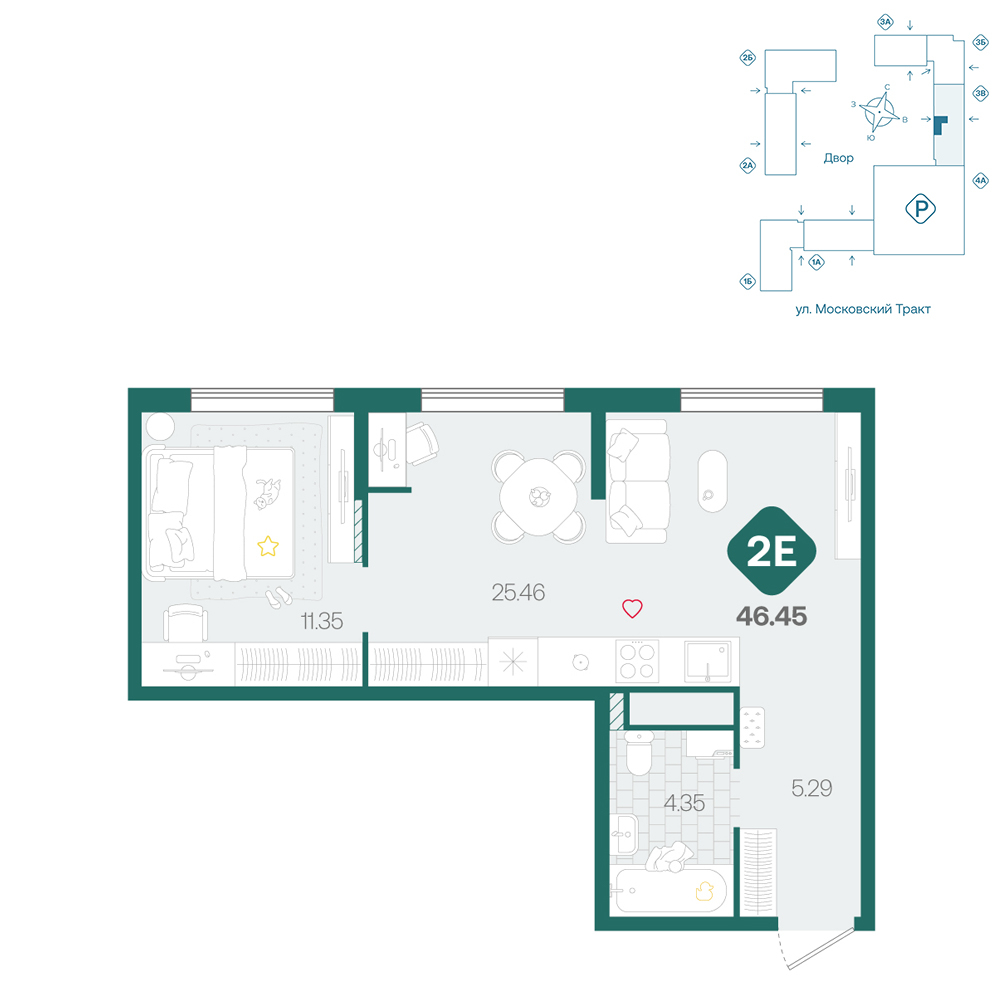 Планировка: Евродвушка 46.5 м² в ЖК Сибирский, Московский тракт