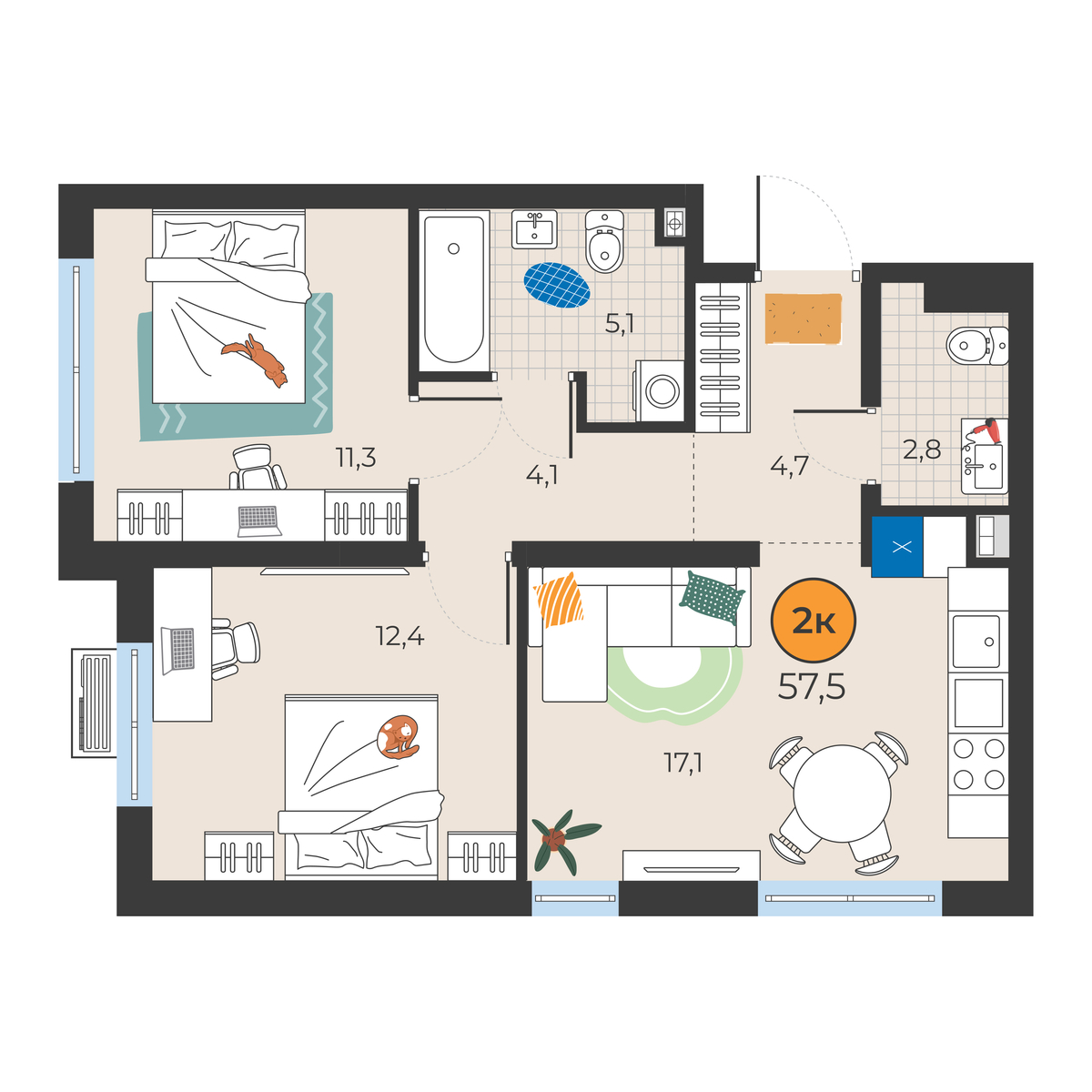 Планировка: Евротрешка 57.5 м² в ЖК Корней, Южный