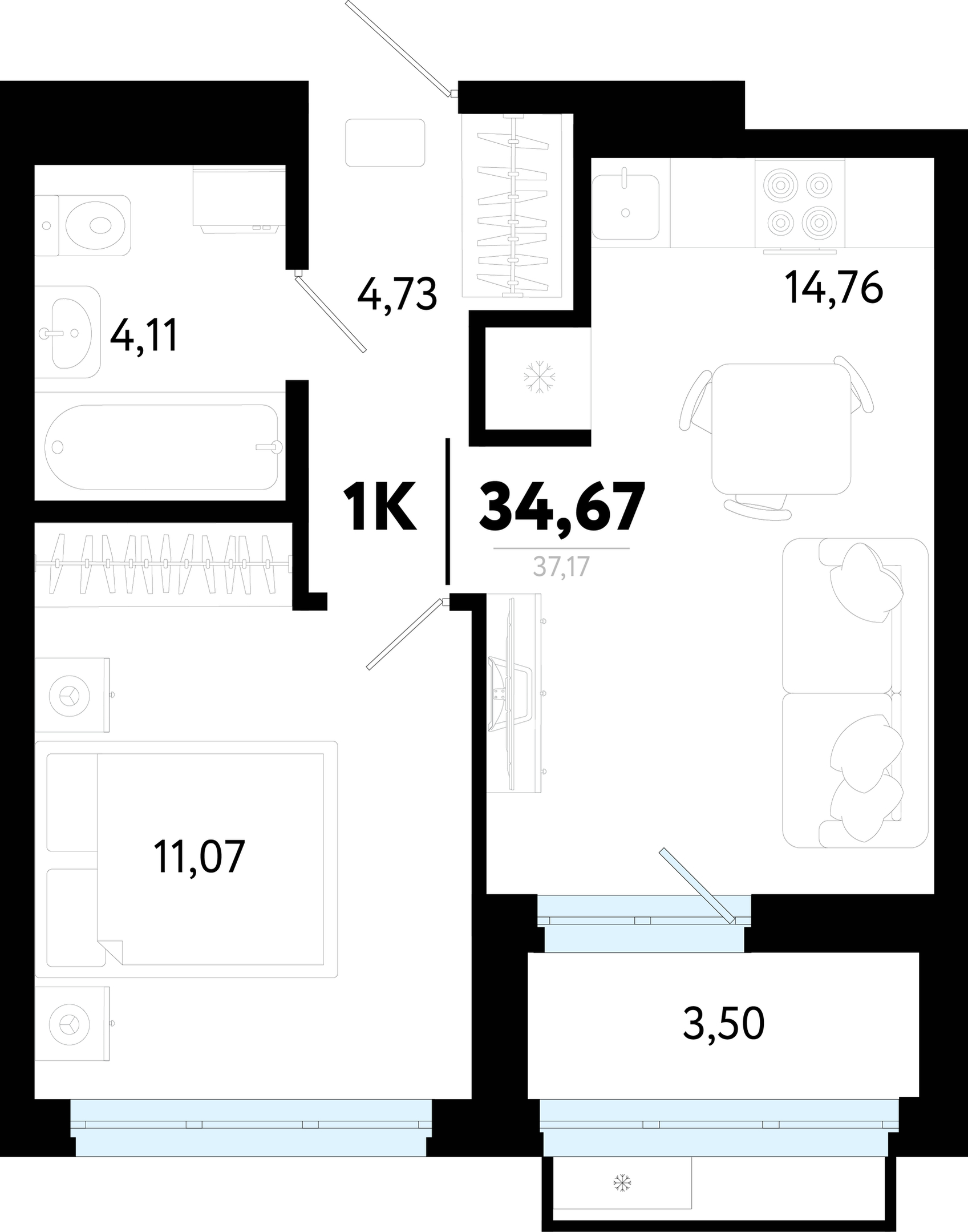 Планировка: Евродвушка 34.7 м² в ЖК Символ, Комарово Парк