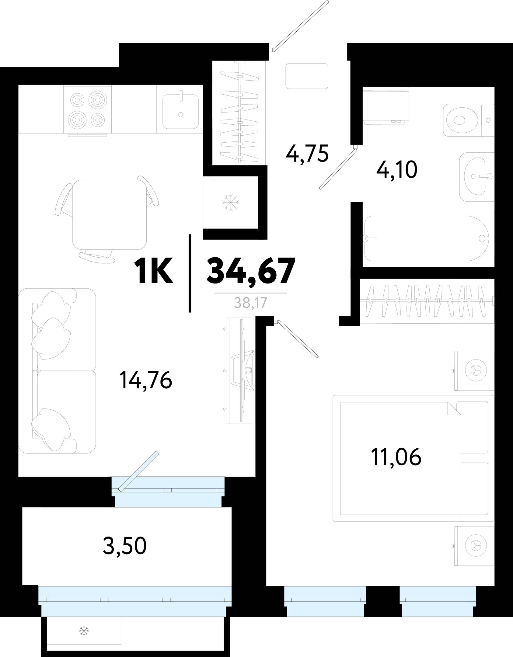 Планировка: Евродвушка 34.7 м² в ЖК Символ, Комарово Парк