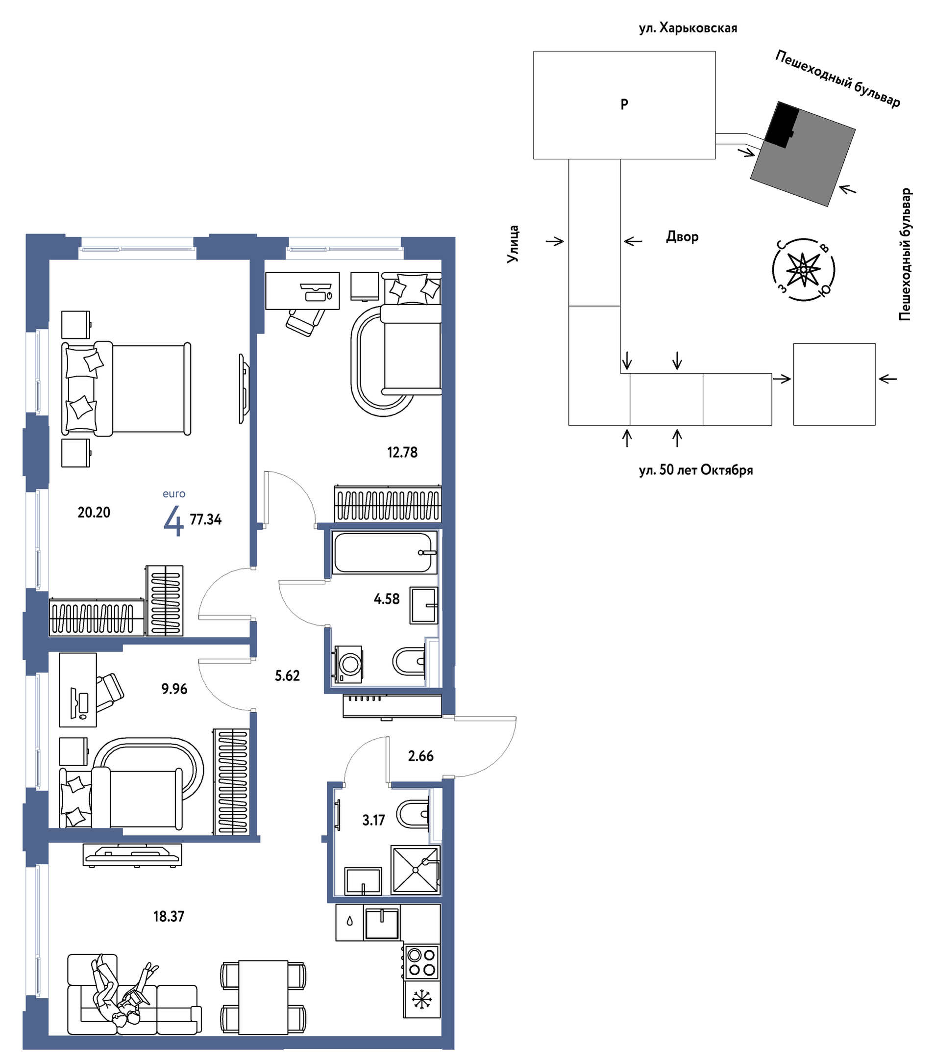 Планировка: 4-комнатная евро 77.3 м² в ЖК Сердце Сибири, Центр: КПД