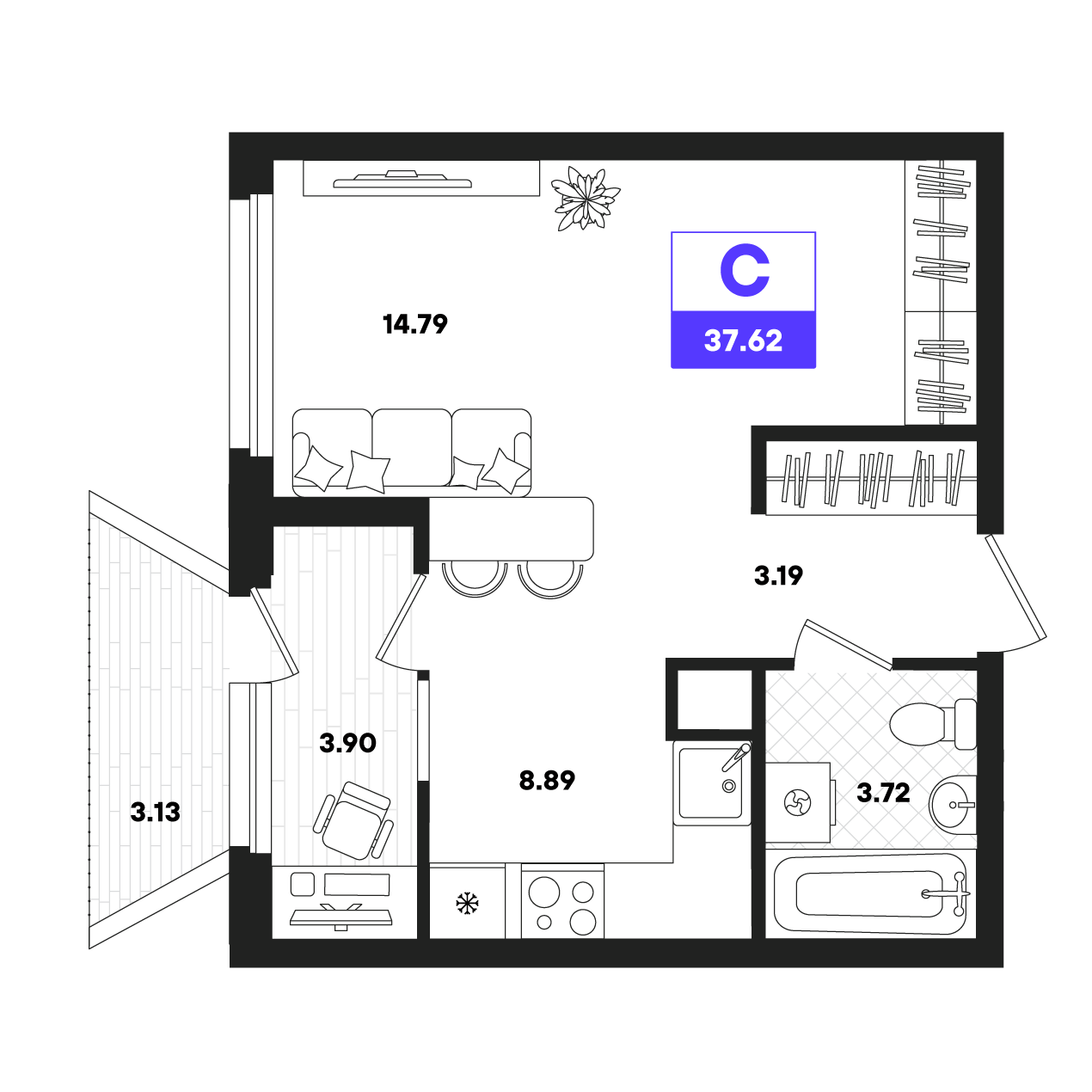 Планировка: Студия 37.6 м² в ЖК Отличие, Комарово Парк