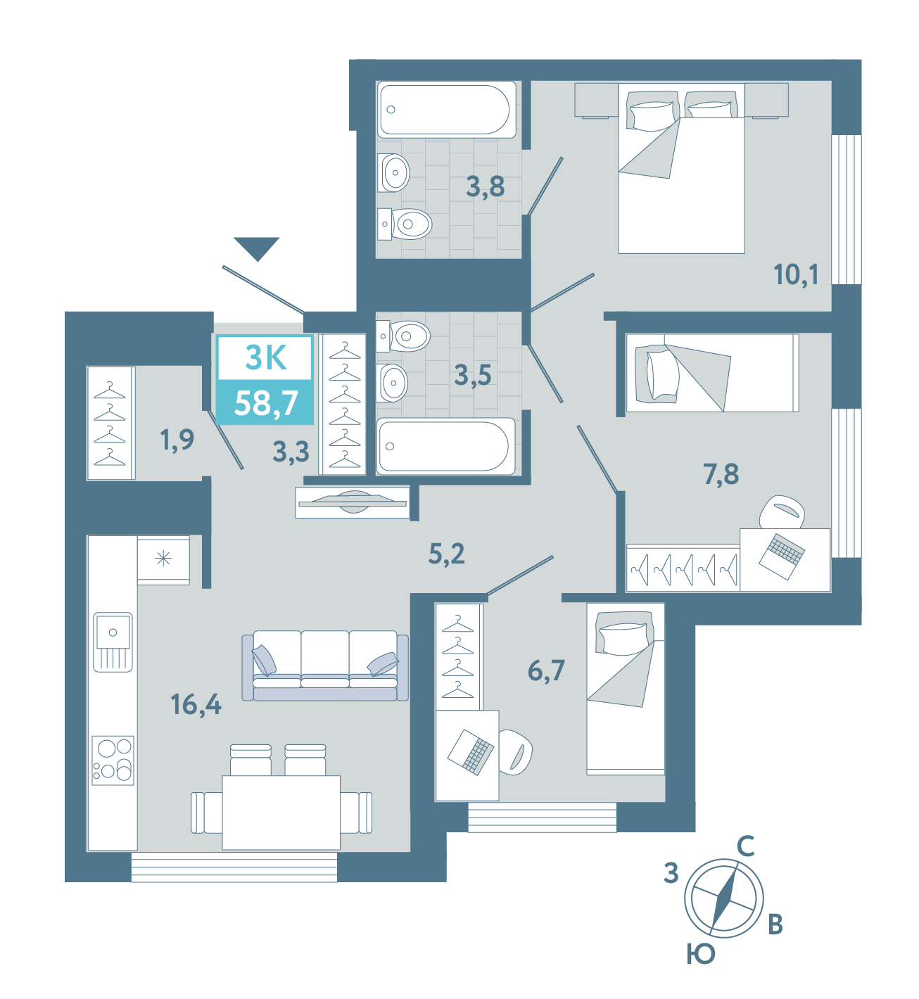 Планировка: 4-комнатная евро 58.7 м² в ЖК AIRIS, Комарово Парк
