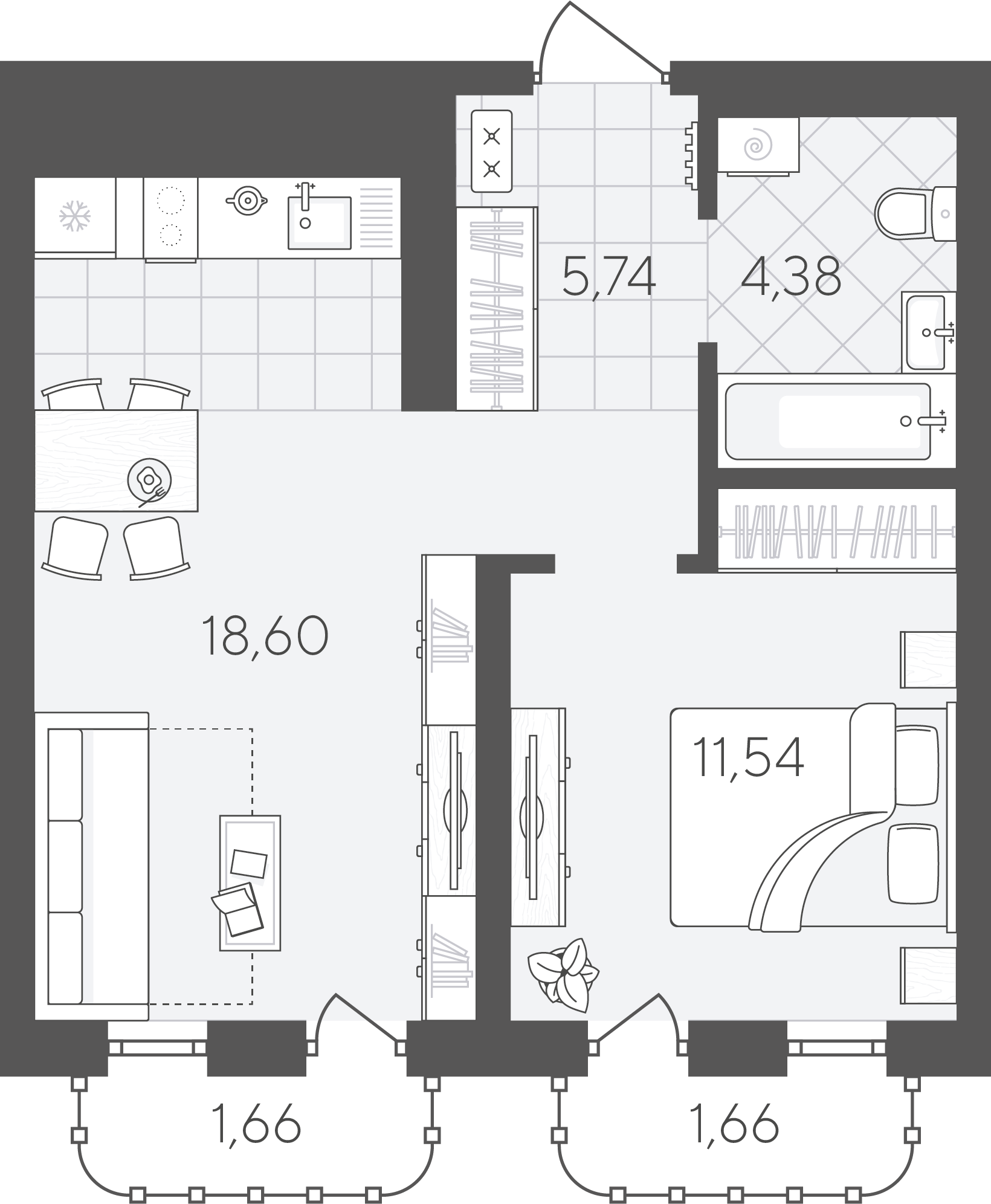 Планировка: Евродвушка 43.6 м² в ЖК Скандиа. Квартал в Слободе, Тюменская слобода