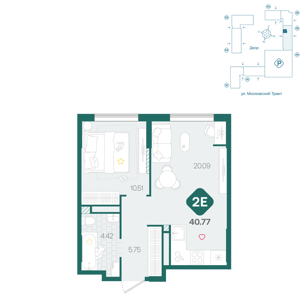 Планировка: Евродвушка 40.8 м² в ЖК Сибирский, Московский тракт