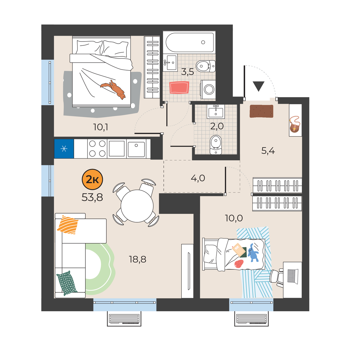 Планировка: Евротрешка 53.8 м² в ЖК Корней, Южный