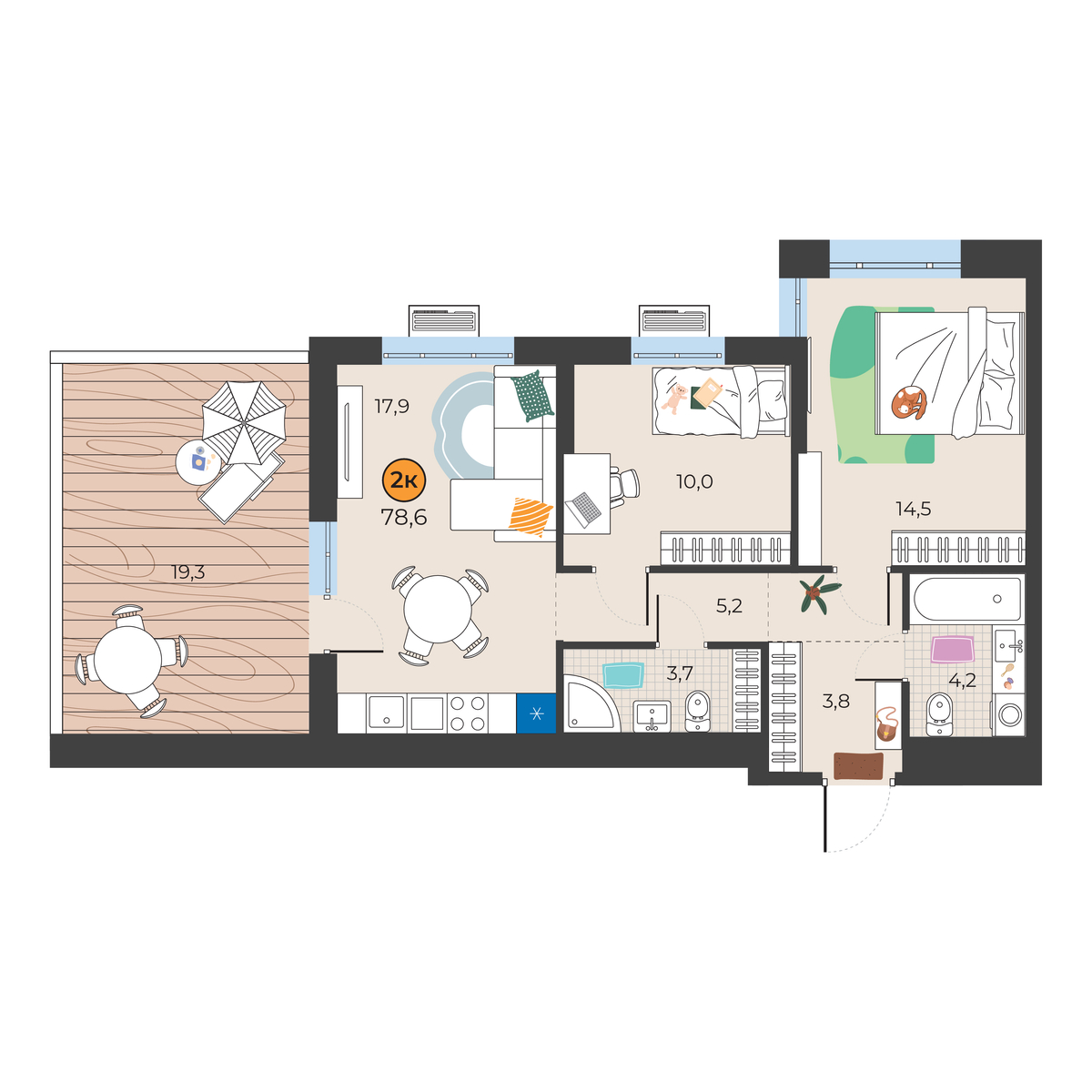 Планировка: Евротрешка 65.1 м² в ЖК Корней, Южный