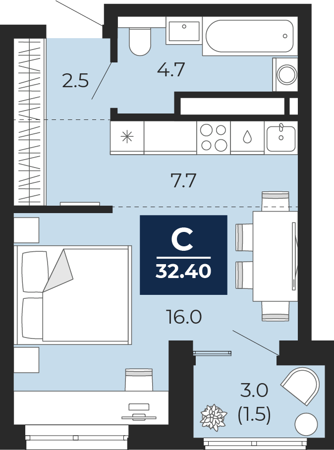 Планировка: Формат уточняется 30.9 м² в ЖК Мириады, Мыс