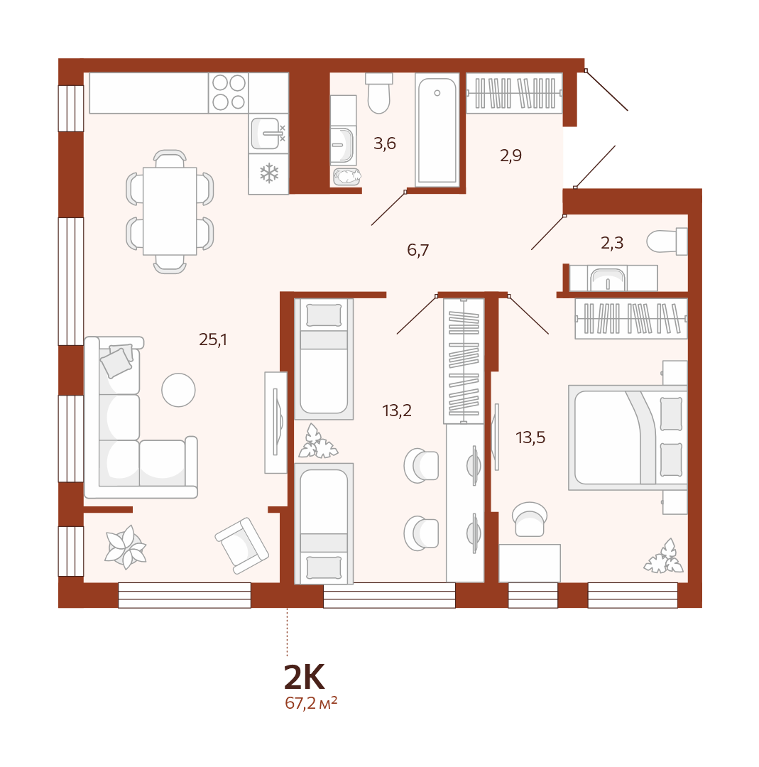 Планировка: Евротрешка 67.2 м² в ЖК Новатор, Центр: КПД